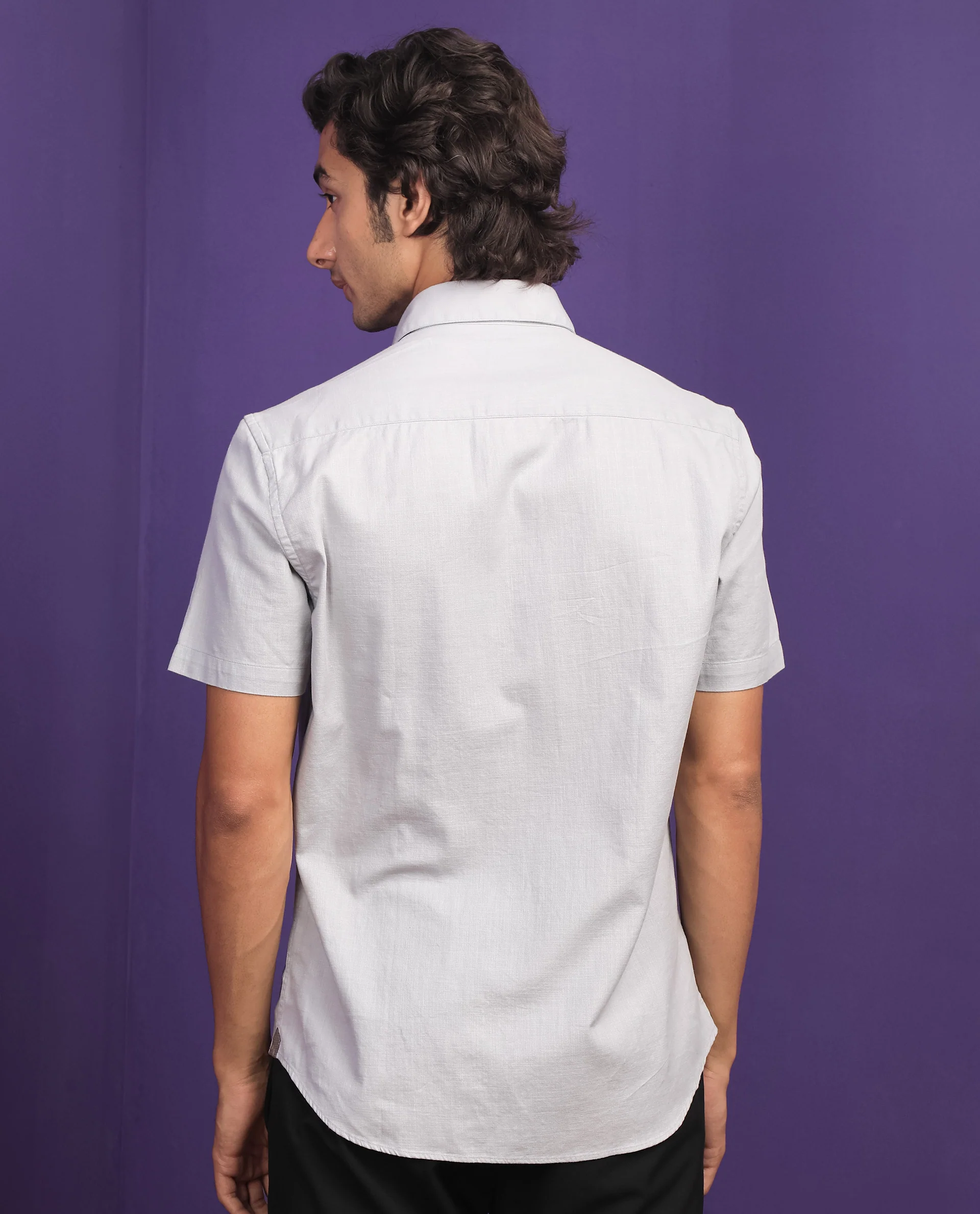 Rare Rabbit Men's Darwin - Grey Cotton Plain Regular Fit Half Sleeve Spread Collar Shirt - Image 8