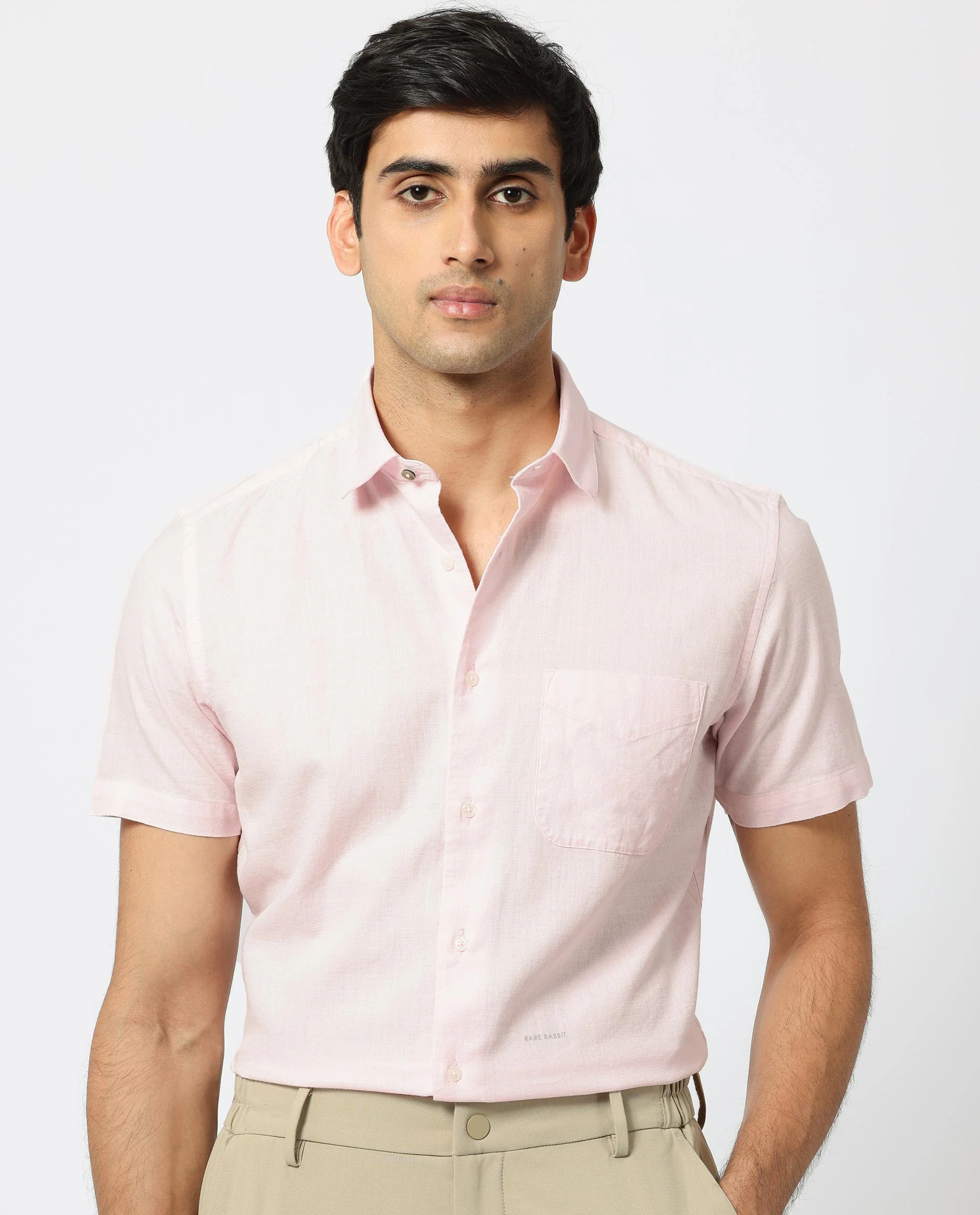 Rare Rabbit Men's Darwin - Light Pink Cotton Plain Regular Fit Half Sleeve Collared Shirt