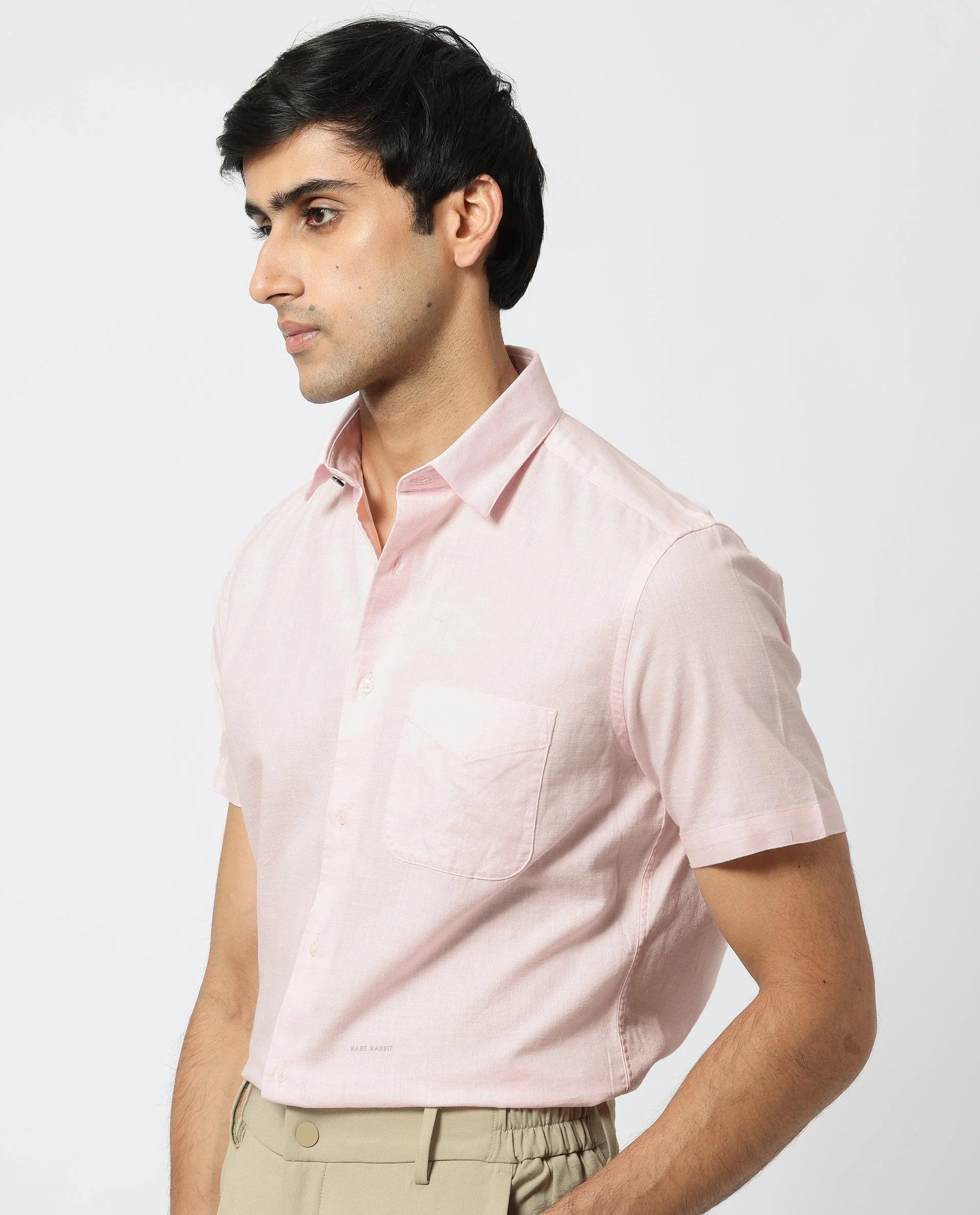 Rare Rabbit Men's Darwin - Light Pink Cotton Plain Regular Fit Half Sleeve Collared Shirt - Image 3