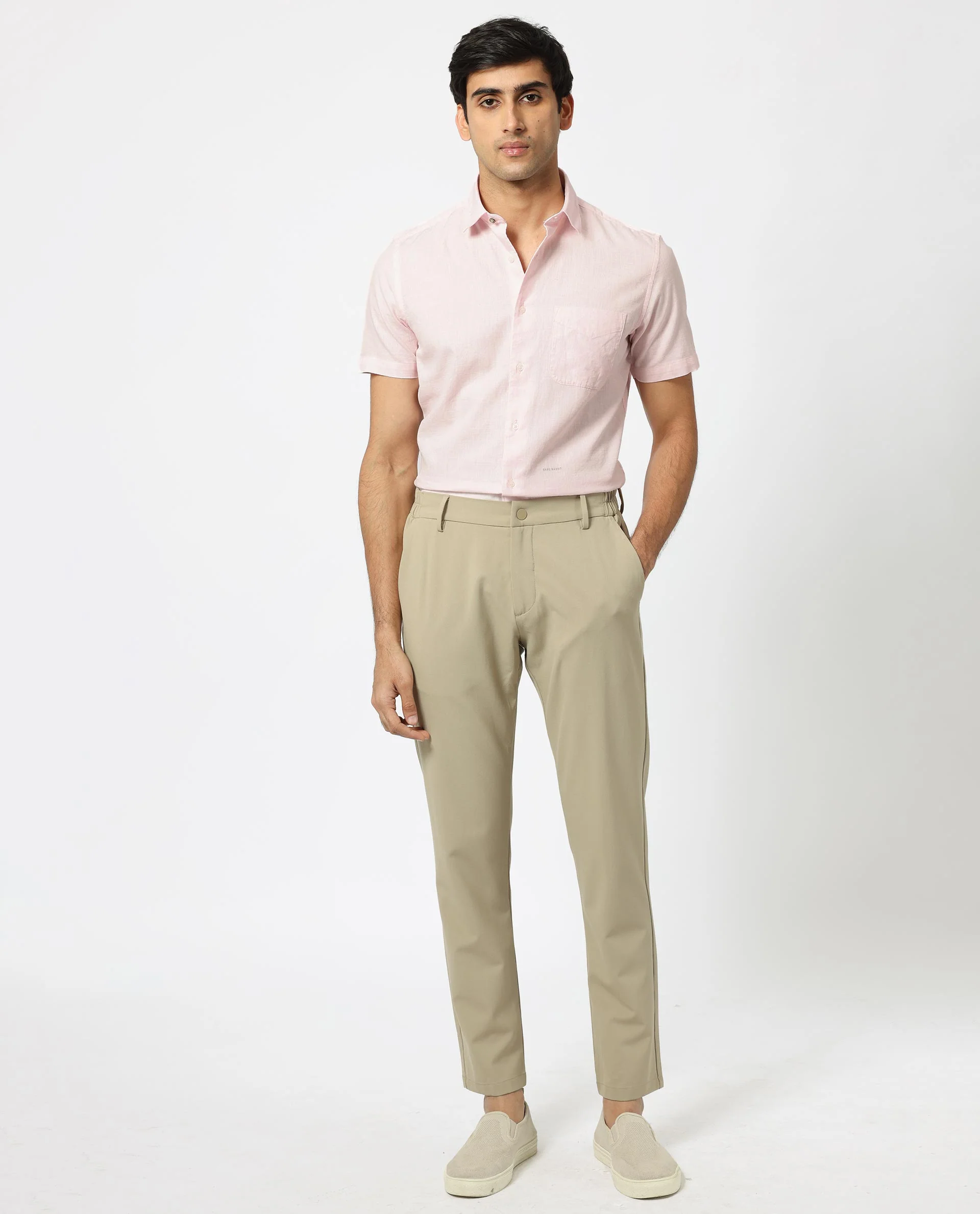 Rare Rabbit Men's Darwin - Light Pink Cotton Plain Regular Fit Half Sleeve Collared Shirt - Image 6