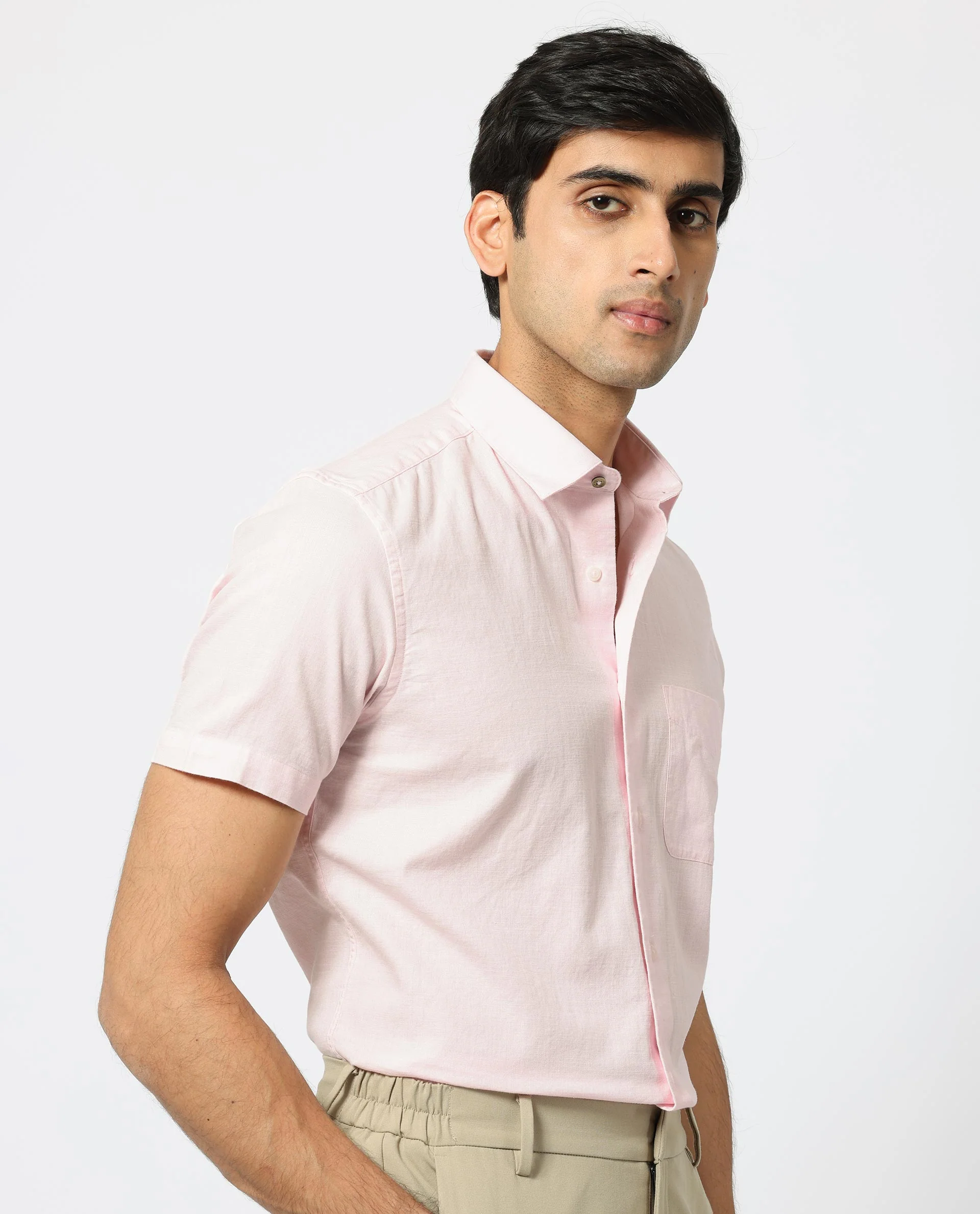 Rare Rabbit Men's Darwin - Light Pink Cotton Plain Regular Fit Half Sleeve Collared Shirt - Image 7