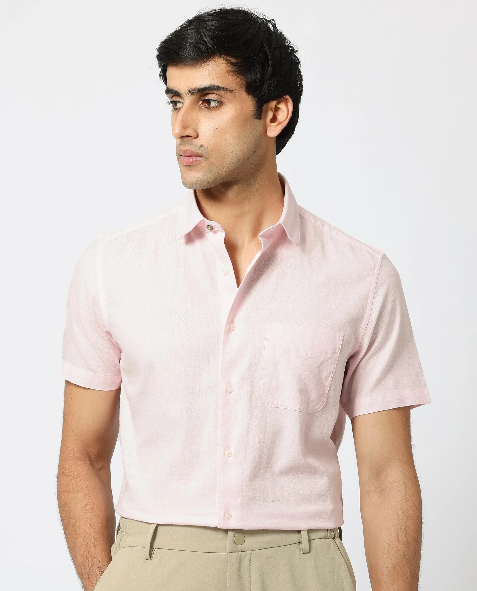 Rare Rabbit Men's Darwin - Light Pink Cotton Plain Regular Fit Half Sleeve Collared Shirt - Image 8