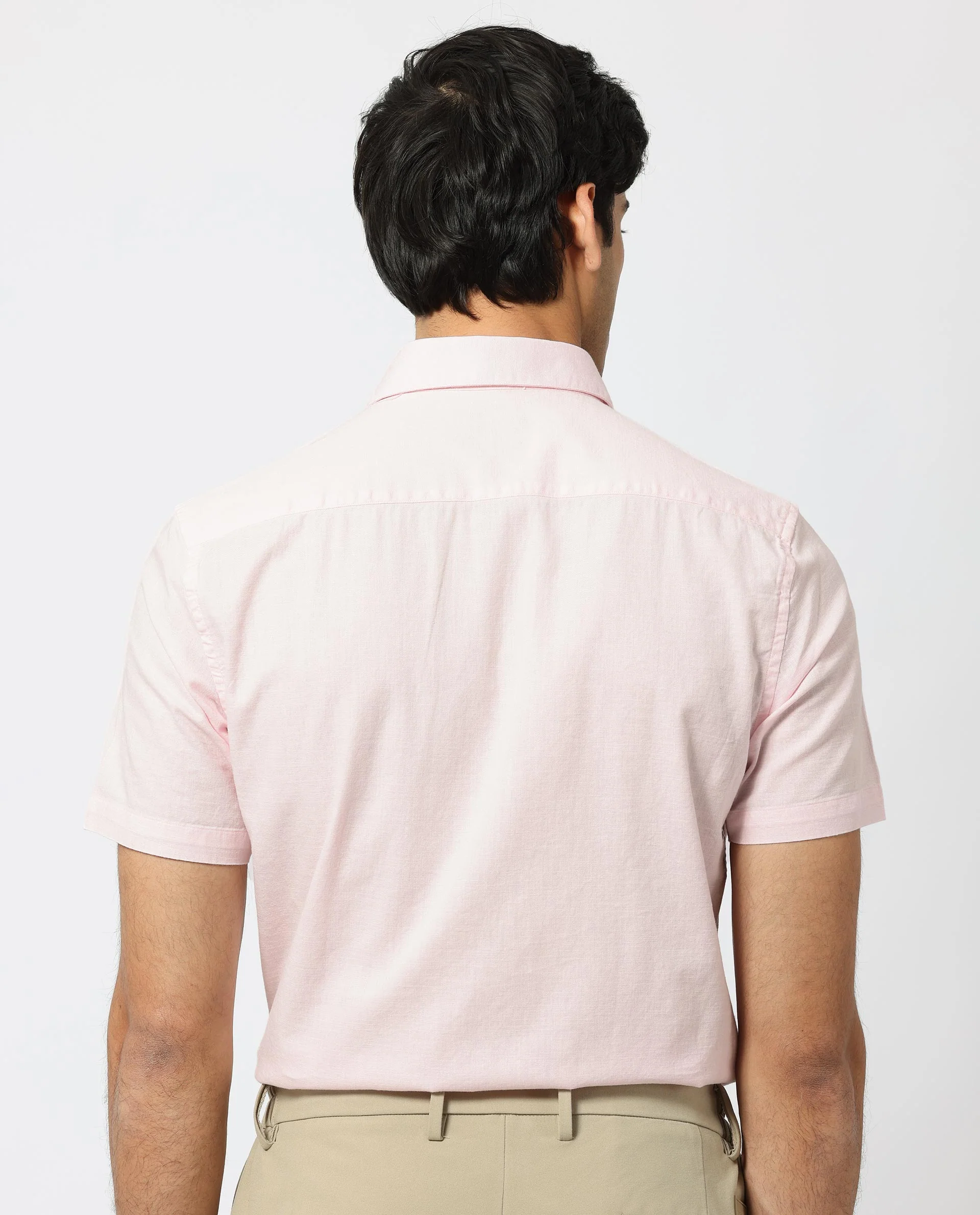 Rare Rabbit Men's Darwin - Light Pink Cotton Plain Regular Fit Half Sleeve Collared Shirt - Image 9