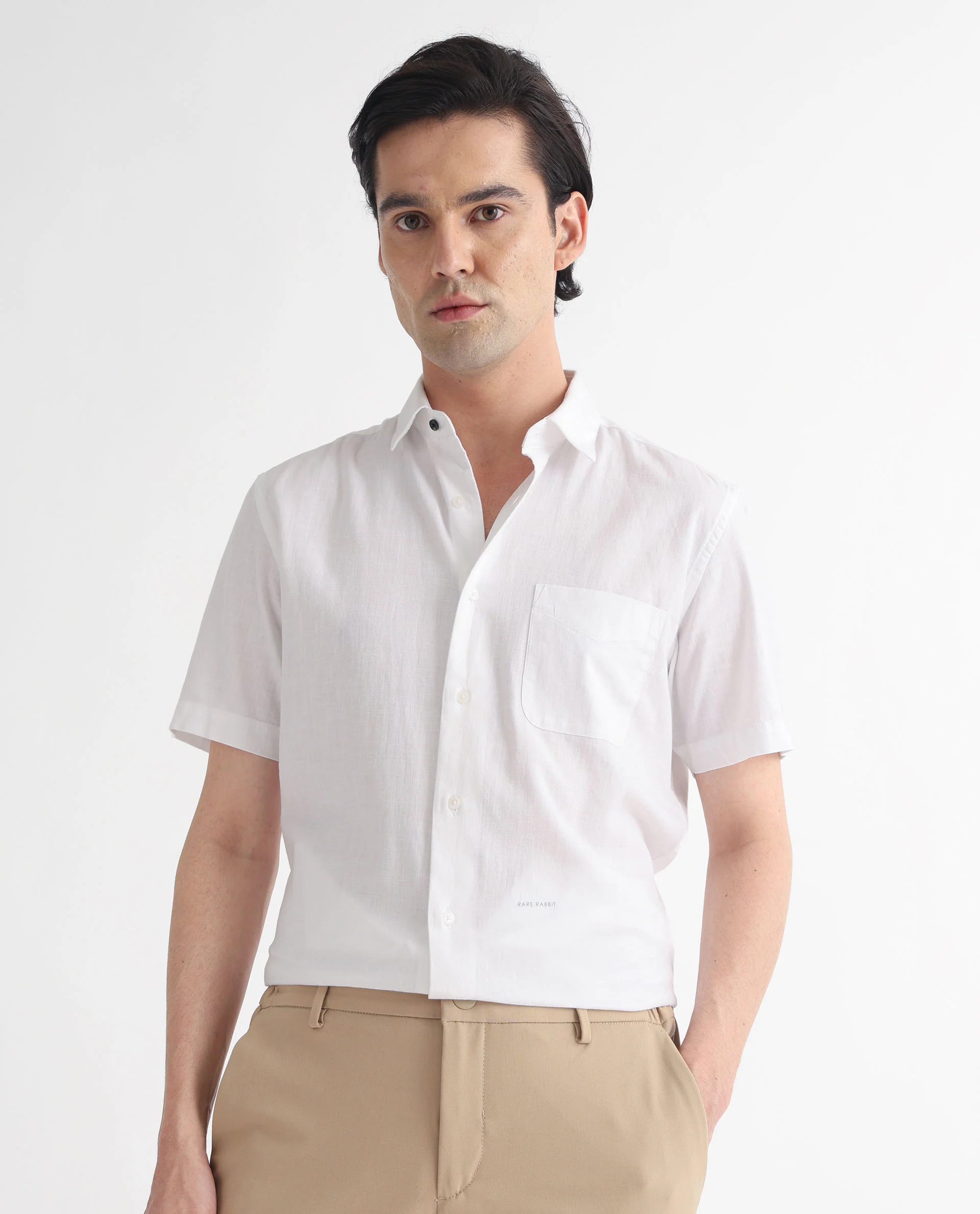 Rare Rabbit Men's Darwin White Cotton Plain Regular Fit Half Sleeve Spread Collar Shirt