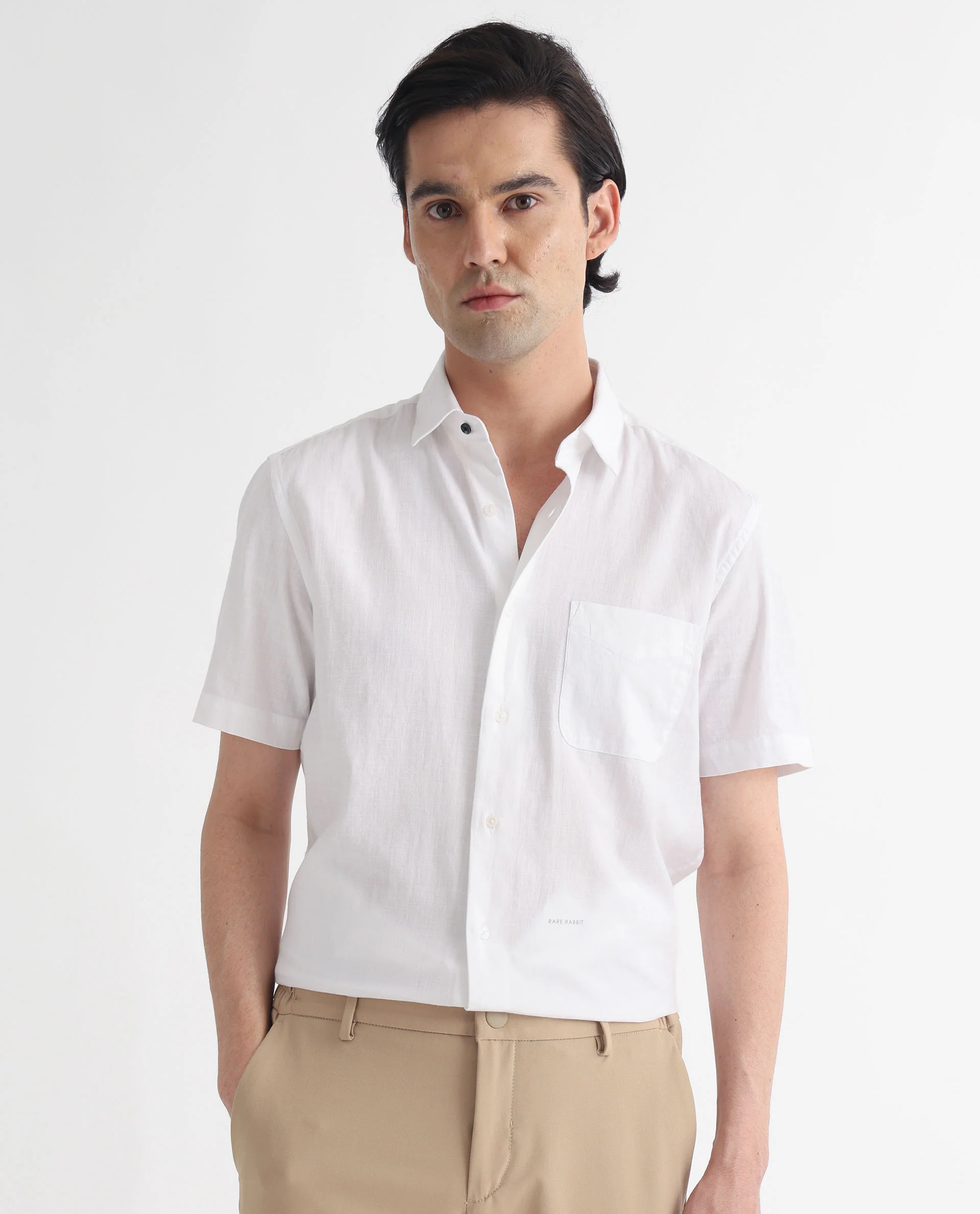 Rare Rabbit Men's Darwin White Cotton Plain Regular Fit Half Sleeve Spread Collar Shirt - Image 3