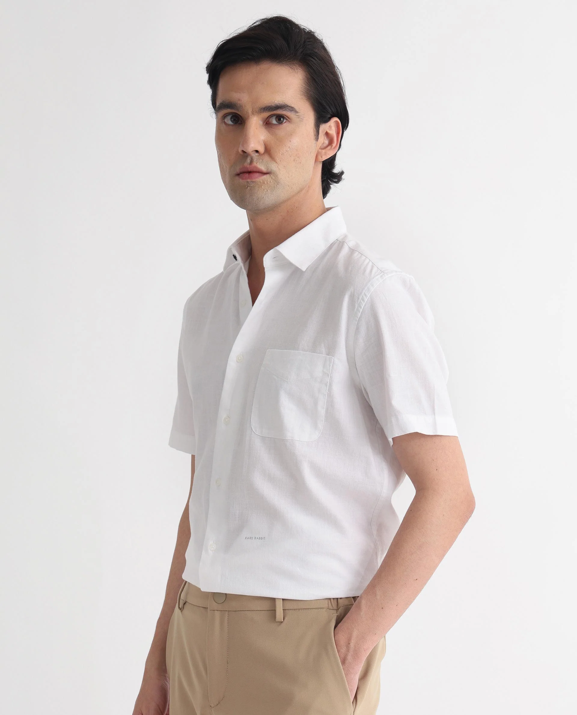 Rare Rabbit Men's Darwin White Cotton Plain Regular Fit Half Sleeve Spread Collar Shirt - Image 5
