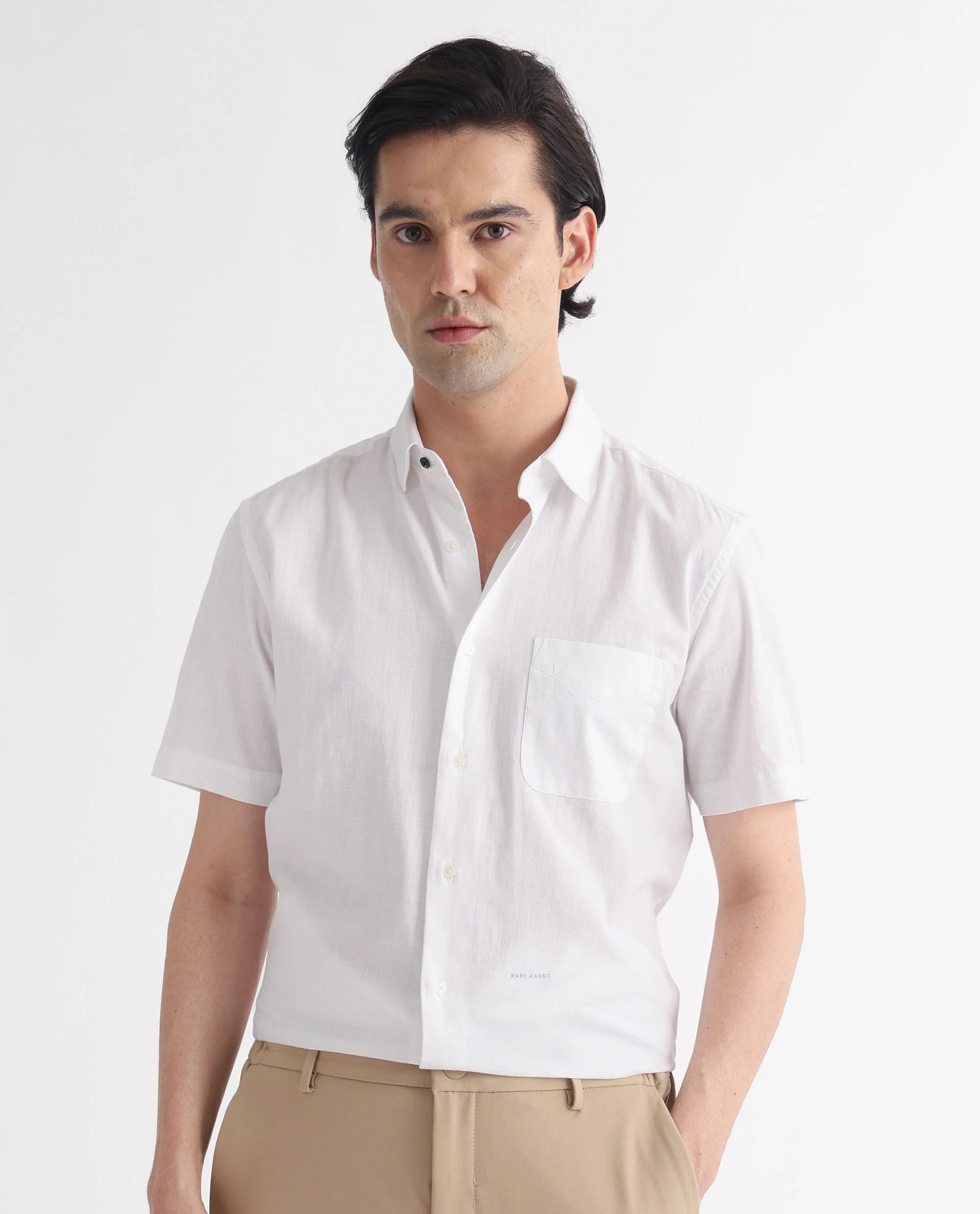 Rare Rabbit Men's Darwin White Cotton Plain Regular Fit Half Sleeve Spread Collar Shirt - Image 7