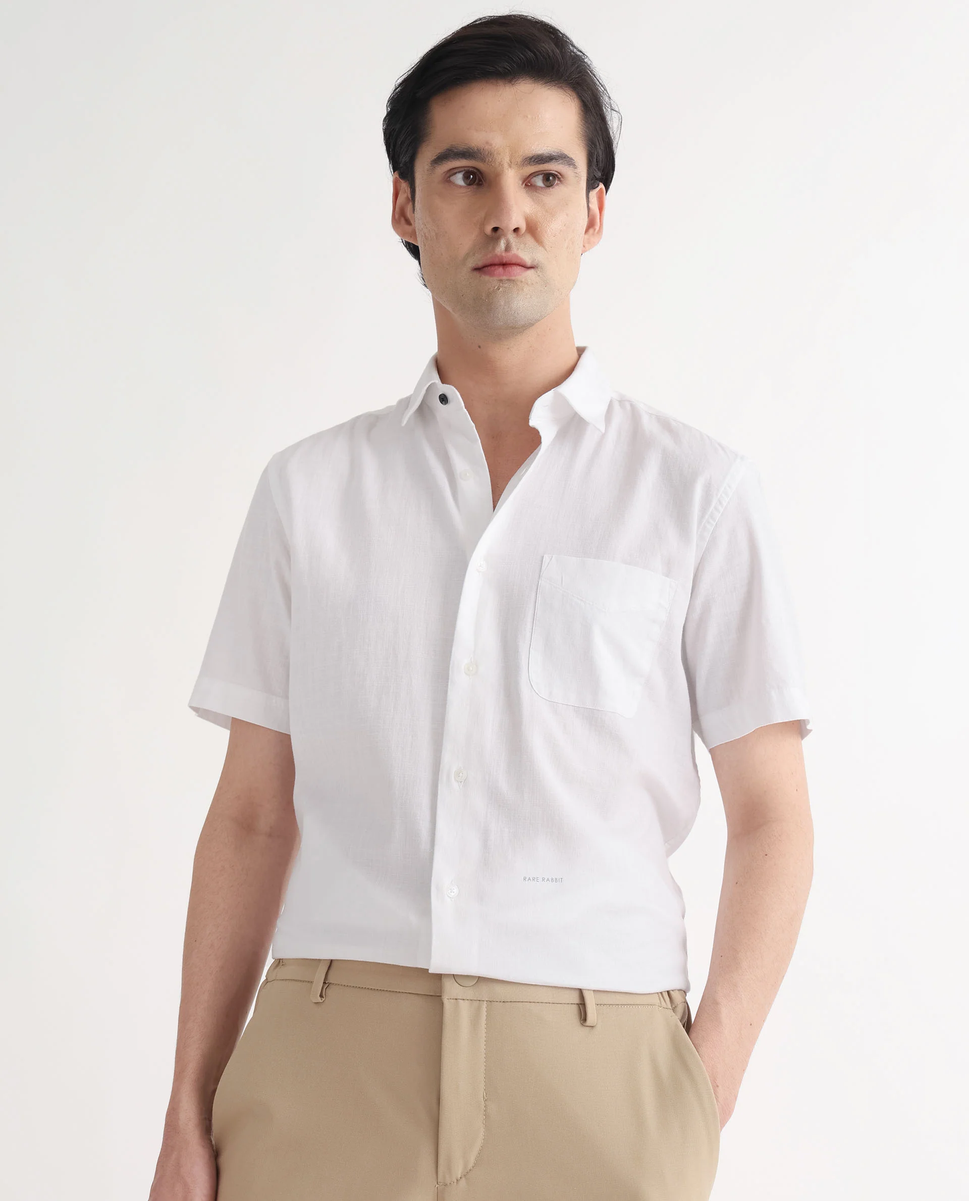 Rare Rabbit Men's Darwin White Cotton Plain Regular Fit Half Sleeve Spread Collar Shirt - Image 8