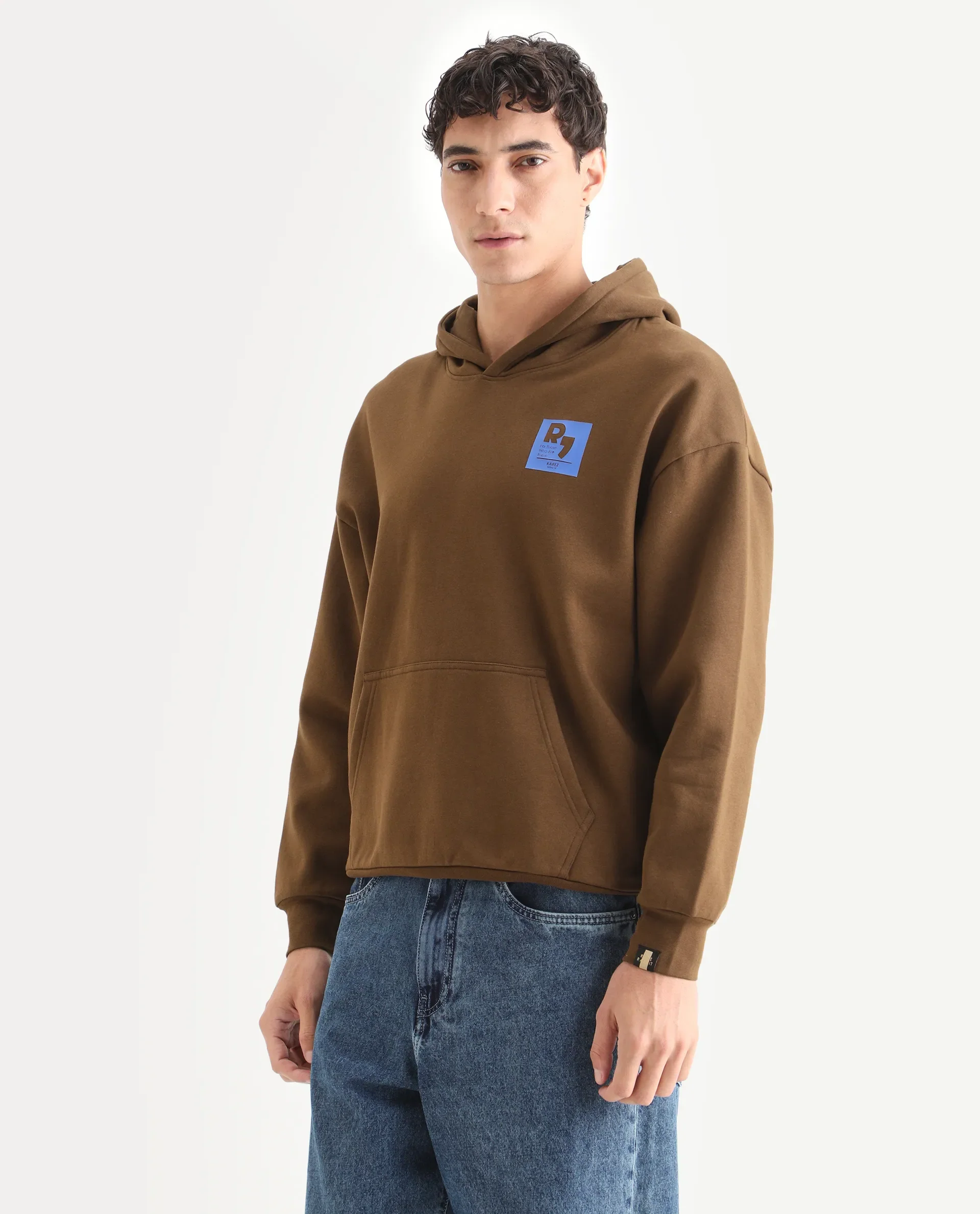 Rare Rabbit Men's Dary Dark Mustard Cotton Puff Print Boxy Fit Full Sleeve Hooded Sweatshirt - Image 4