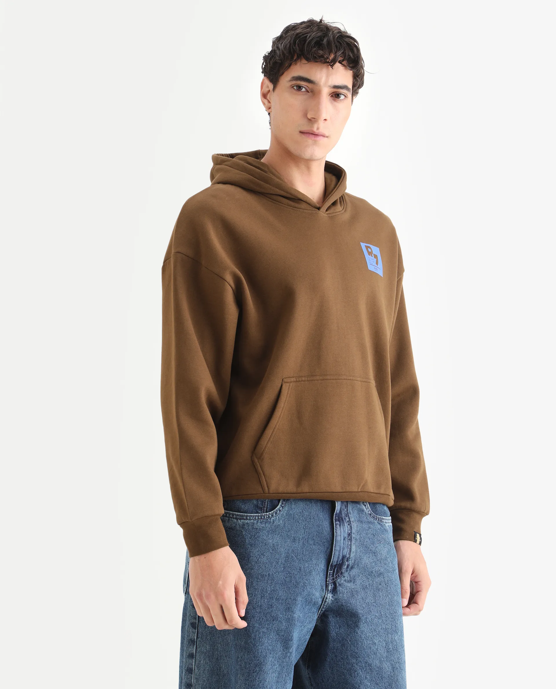 Rare Rabbit Men's Dary Dark Mustard Cotton Puff Print Boxy Fit Full Sleeve Hooded Sweatshirt - Image 5