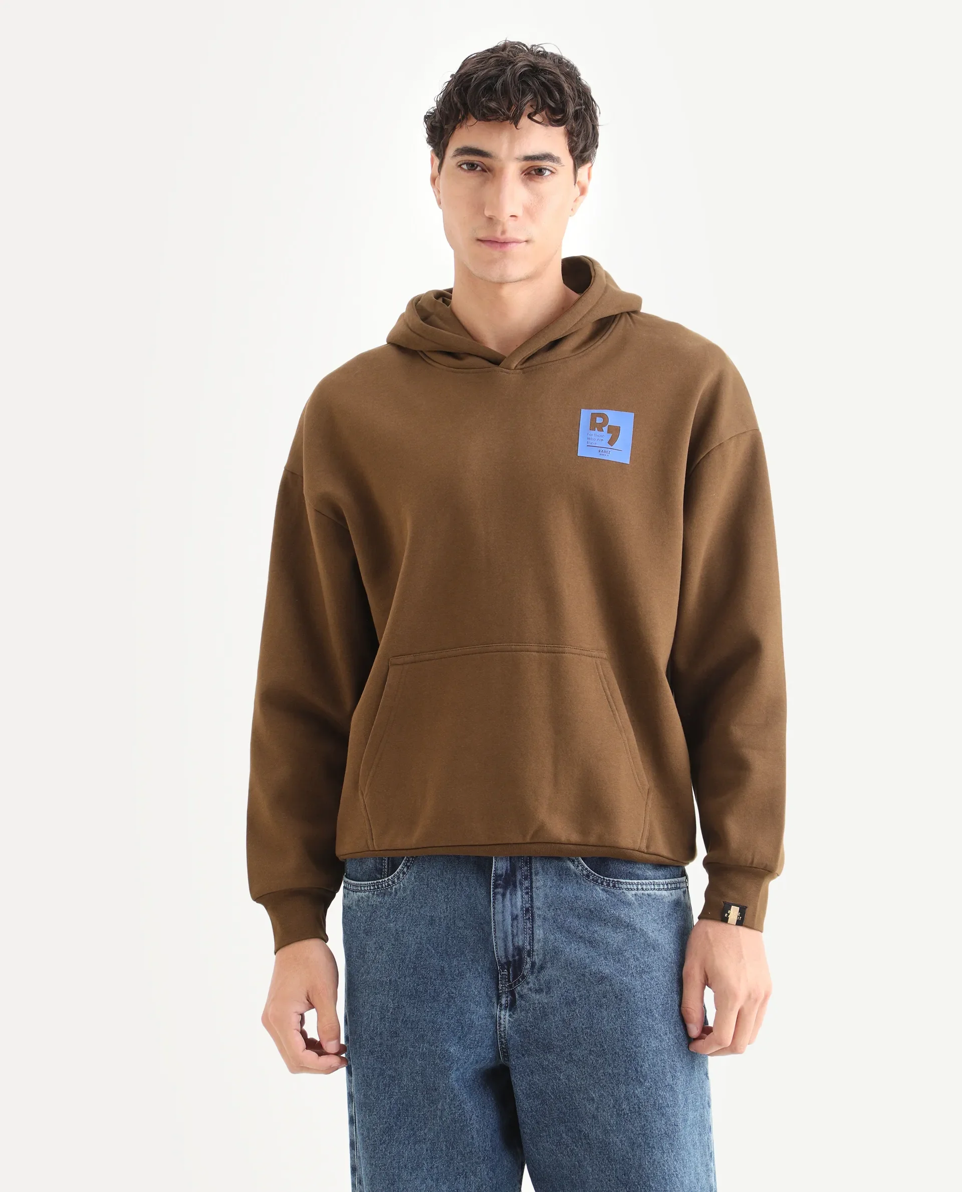 Rare Rabbit Men's Dary Dark Mustard Cotton Puff Print Boxy Fit Full Sleeve Hooded Sweatshirt - Image 6