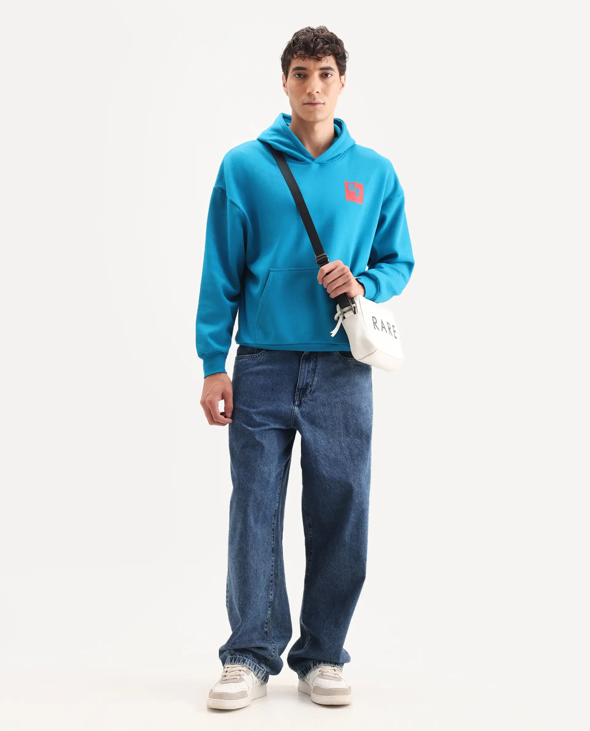 Rare Rabbit Men's Dary Flouroscent Blue Cotton Puff Print Boxy Fit Full Sleeve Hooded Sweatshirt - Image 2