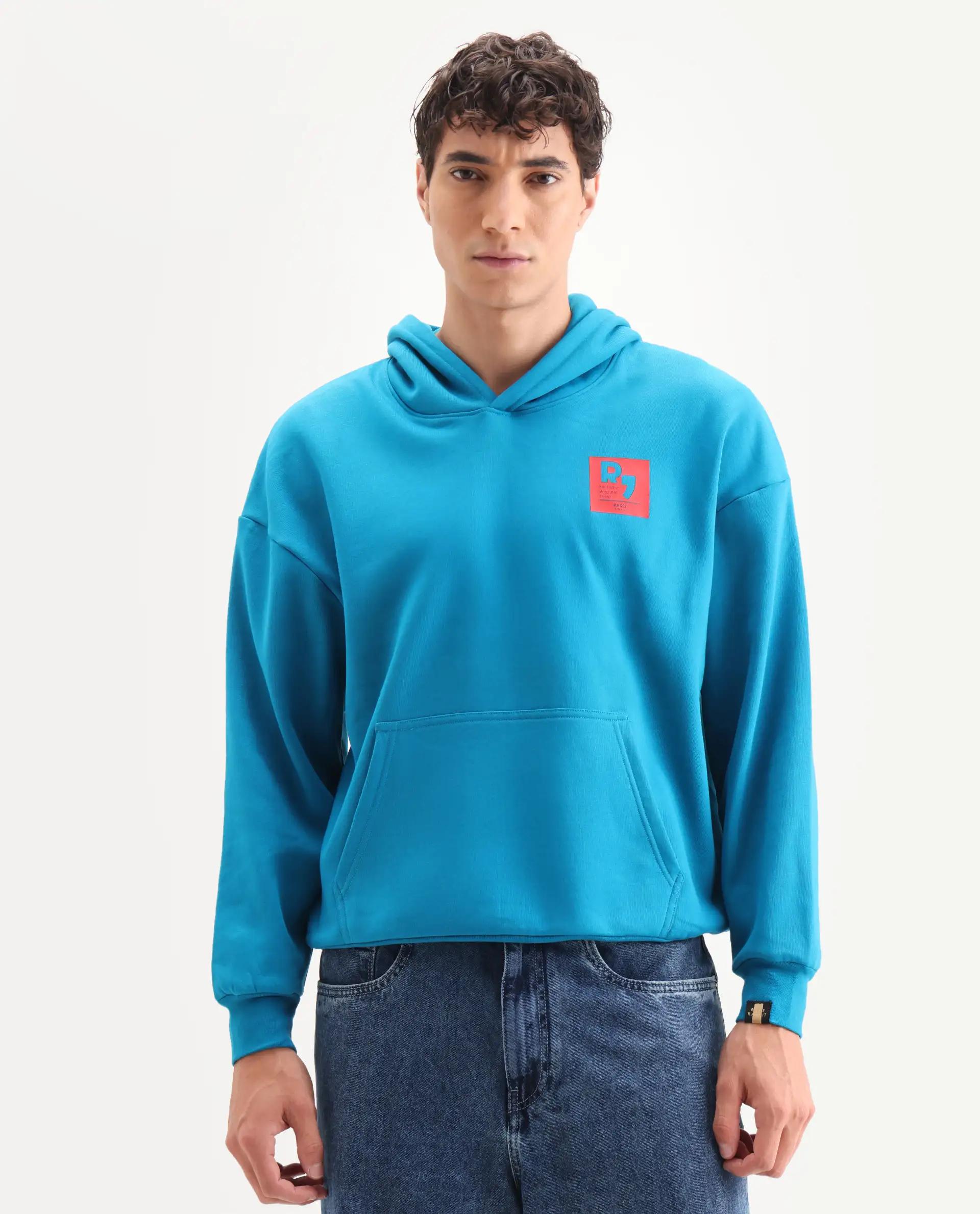 Rare Rabbit Men's Dary Flouroscent Blue Cotton Puff Print Boxy Fit Full Sleeve Hooded Sweatshirt - Image 3