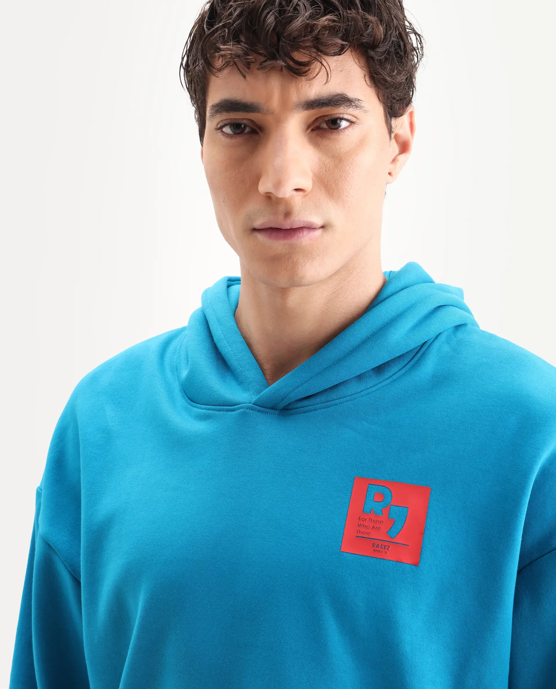 Rare Rabbit Men's Dary Flouroscent Blue Cotton Puff Print Boxy Fit Full Sleeve Hooded Sweatshirt - Image 4