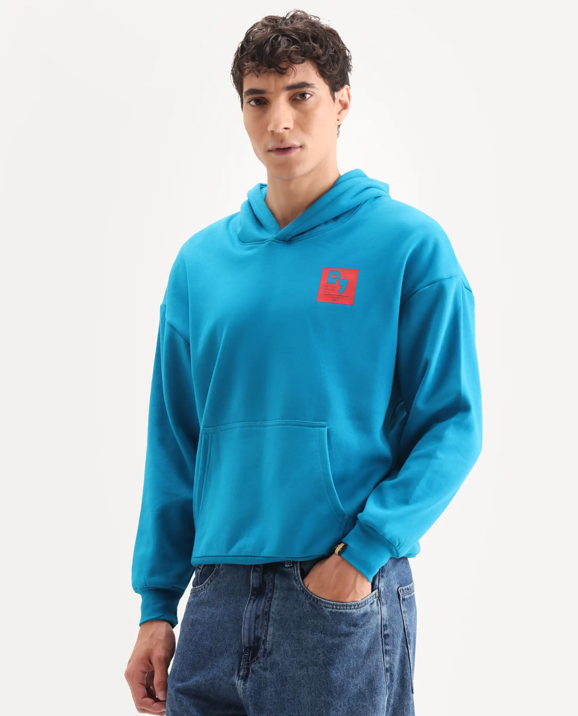 Rare Rabbit Men's Dary Flouroscent Blue Cotton Puff Print Boxy Fit Full Sleeve Hooded Sweatshirt - Image 5