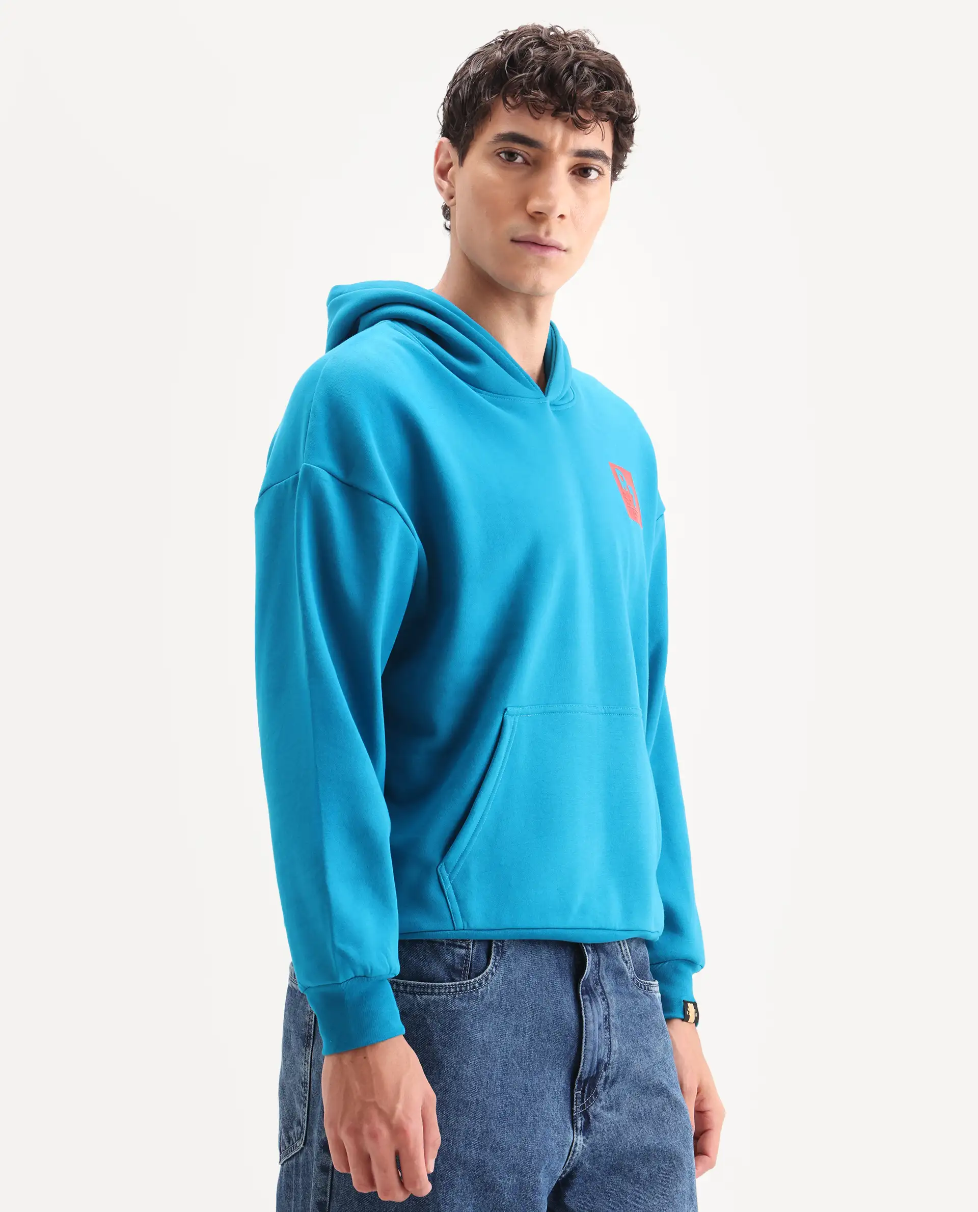 Rare Rabbit Men's Dary Flouroscent Blue Cotton Puff Print Boxy Fit Full Sleeve Hooded Sweatshirt - Image 6