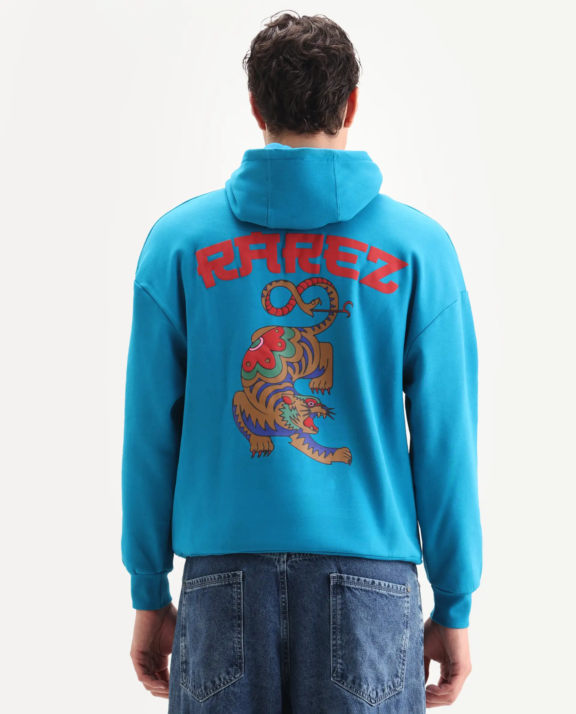 Rare Rabbit Men's Dary Flouroscent Blue Cotton Puff Print Boxy Fit Full Sleeve Hooded Sweatshirt - Image 7