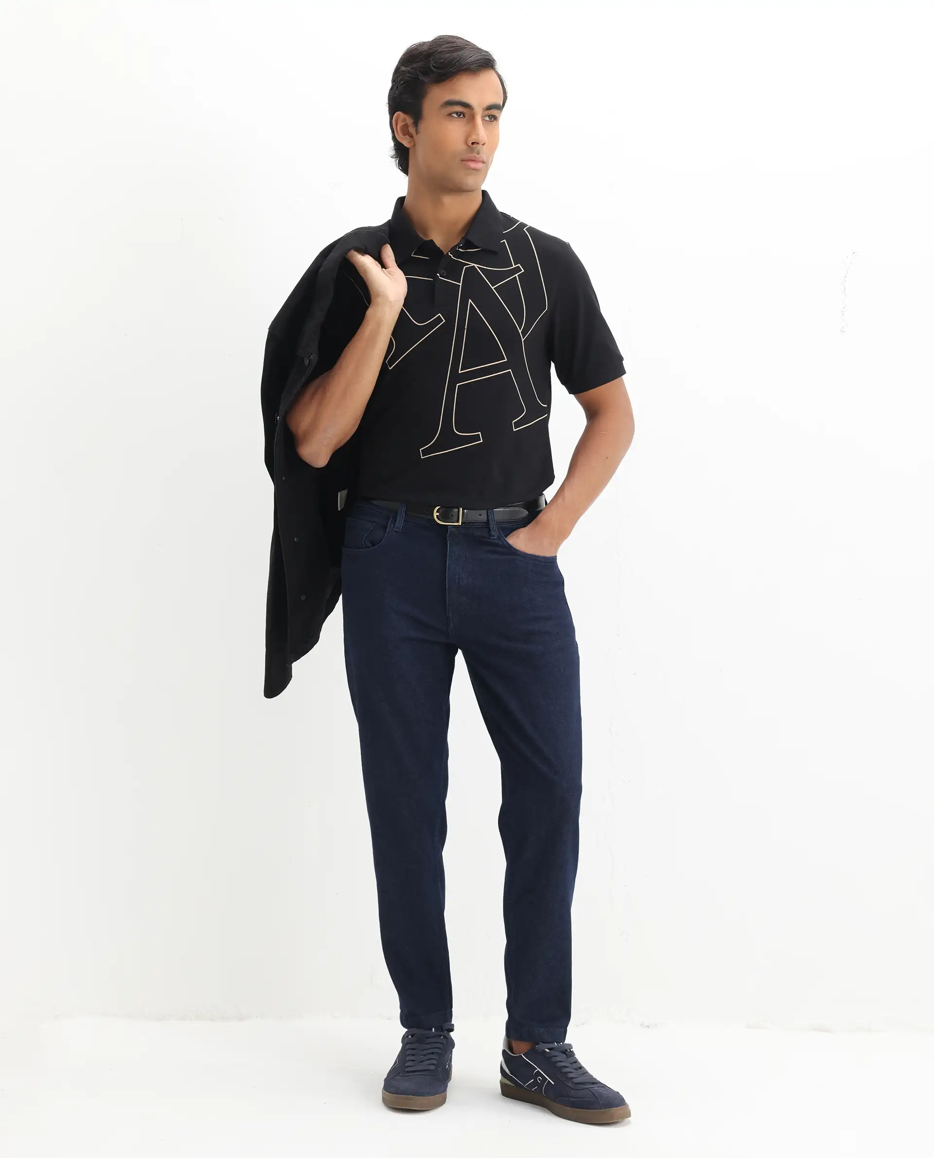 Rare Rabbit Men's Daryl Black Cotton Graphic Print Regular Fit Half Sleeve Polo - Image 2