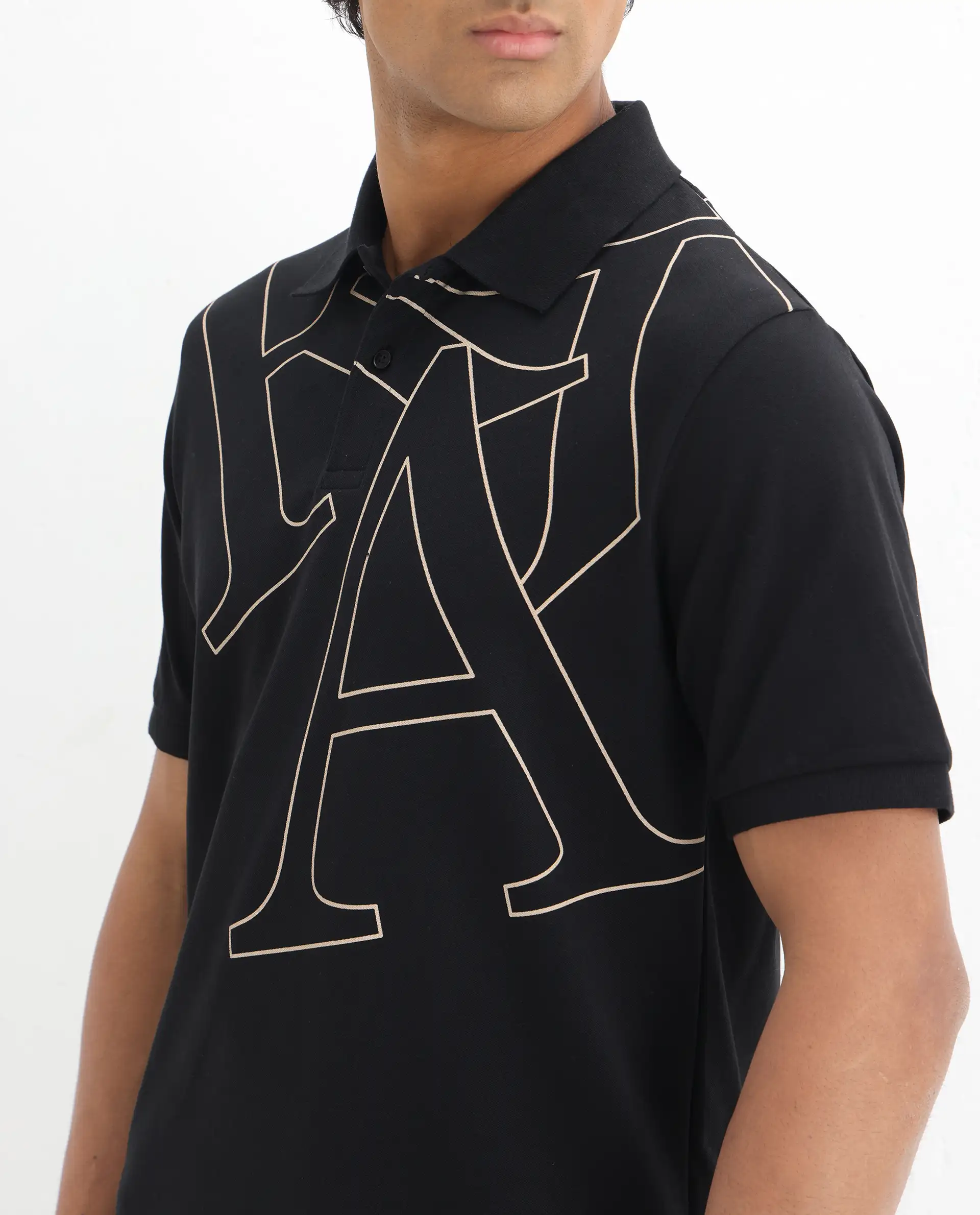 Rare Rabbit Men's Daryl Black Cotton Graphic Print Regular Fit Half Sleeve Polo - Image 3