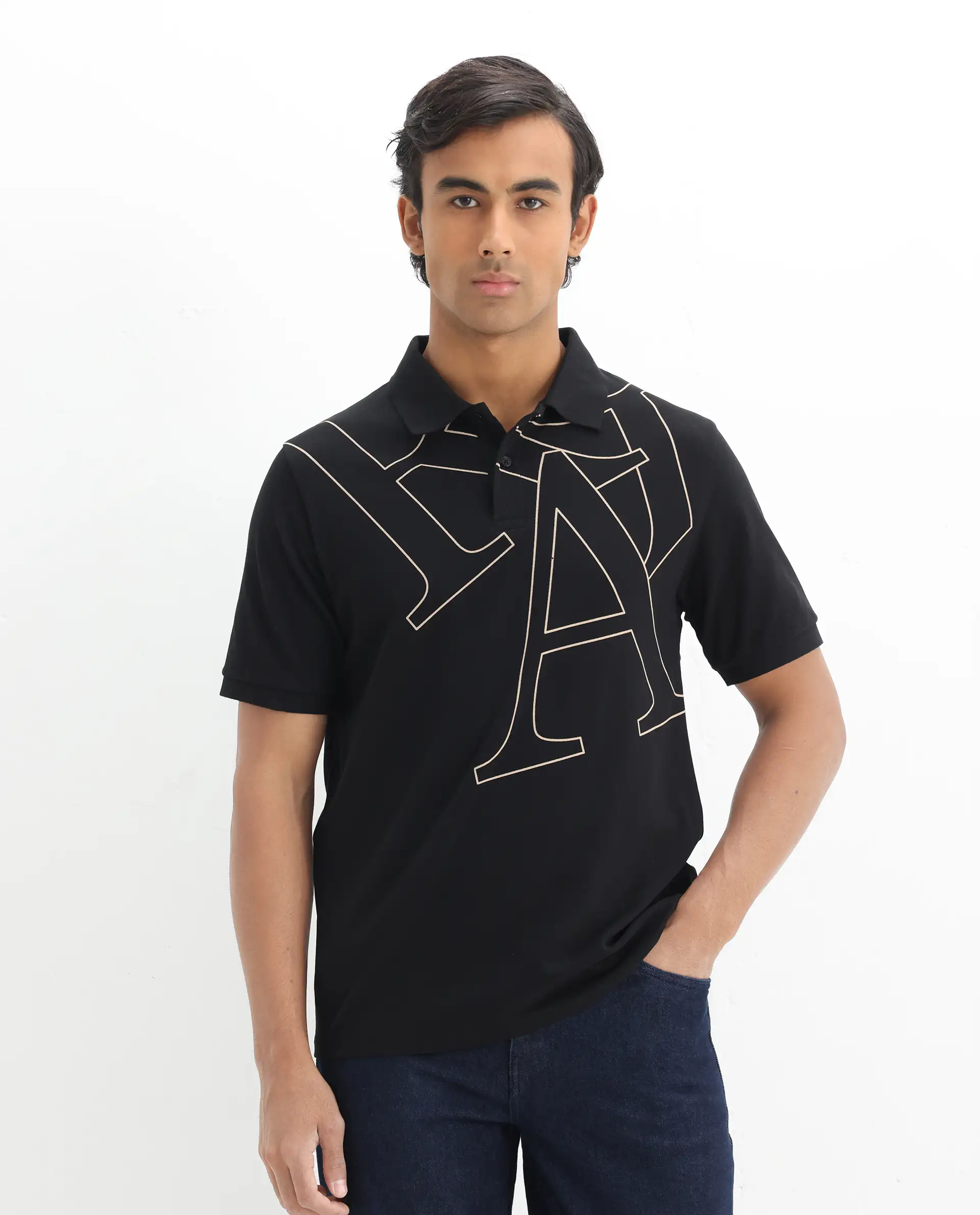 Rare Rabbit Men's Daryl Black Cotton Graphic Print Regular Fit Half Sleeve Polo - Image 5