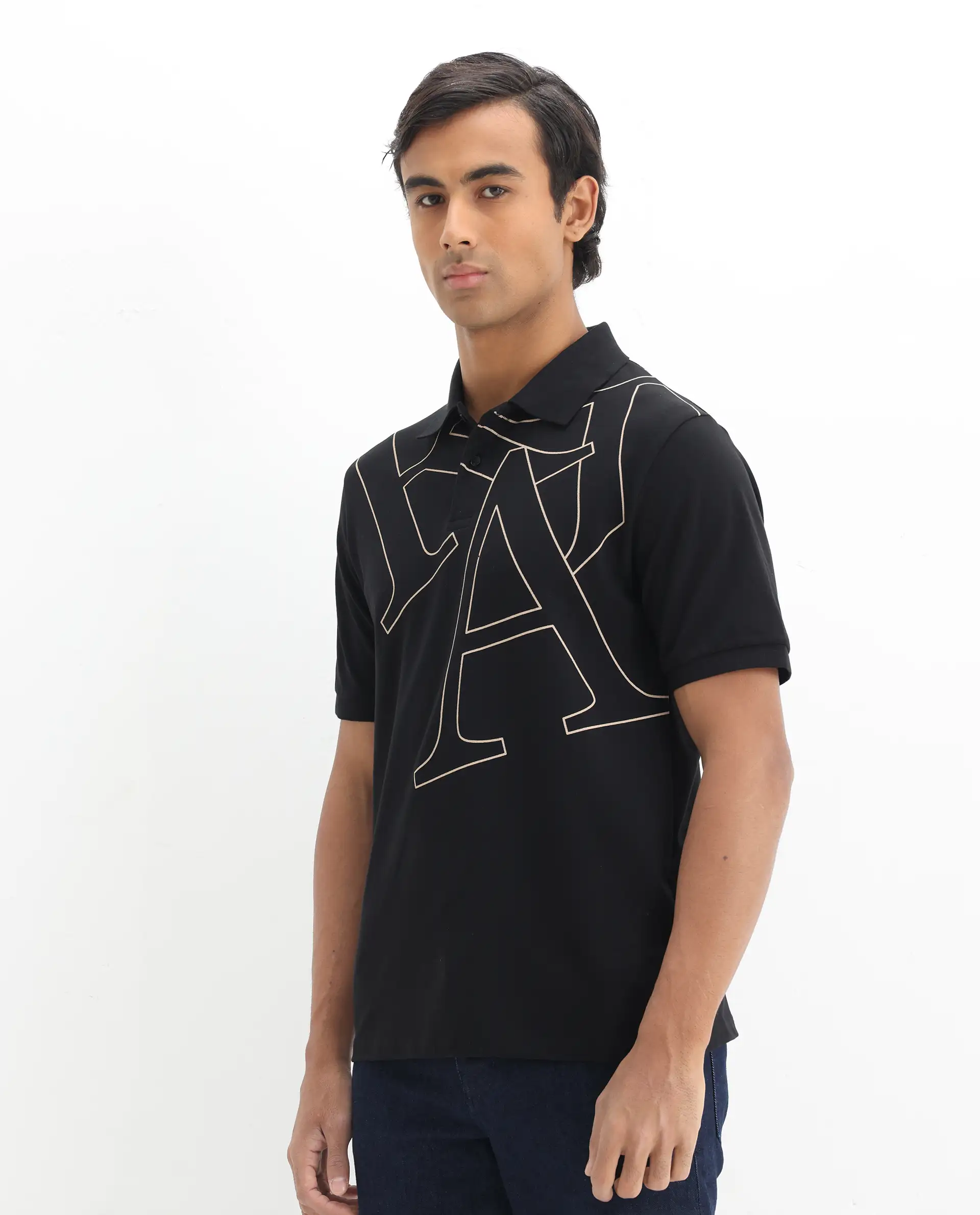 Rare Rabbit Men's Daryl Black Cotton Graphic Print Regular Fit Half Sleeve Polo - Image 6