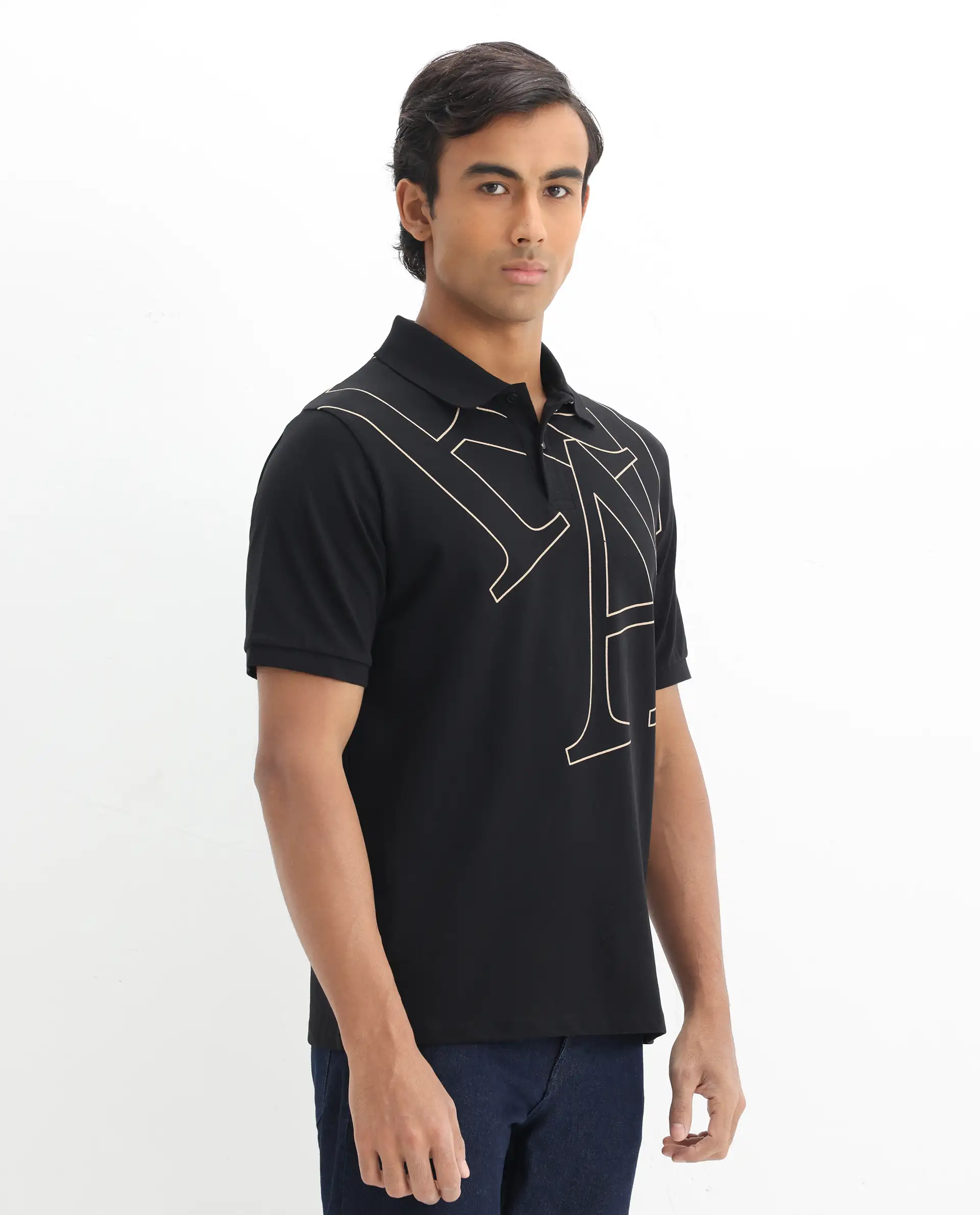 Rare Rabbit Men's Daryl Black Cotton Graphic Print Regular Fit Half Sleeve Polo - Image 7