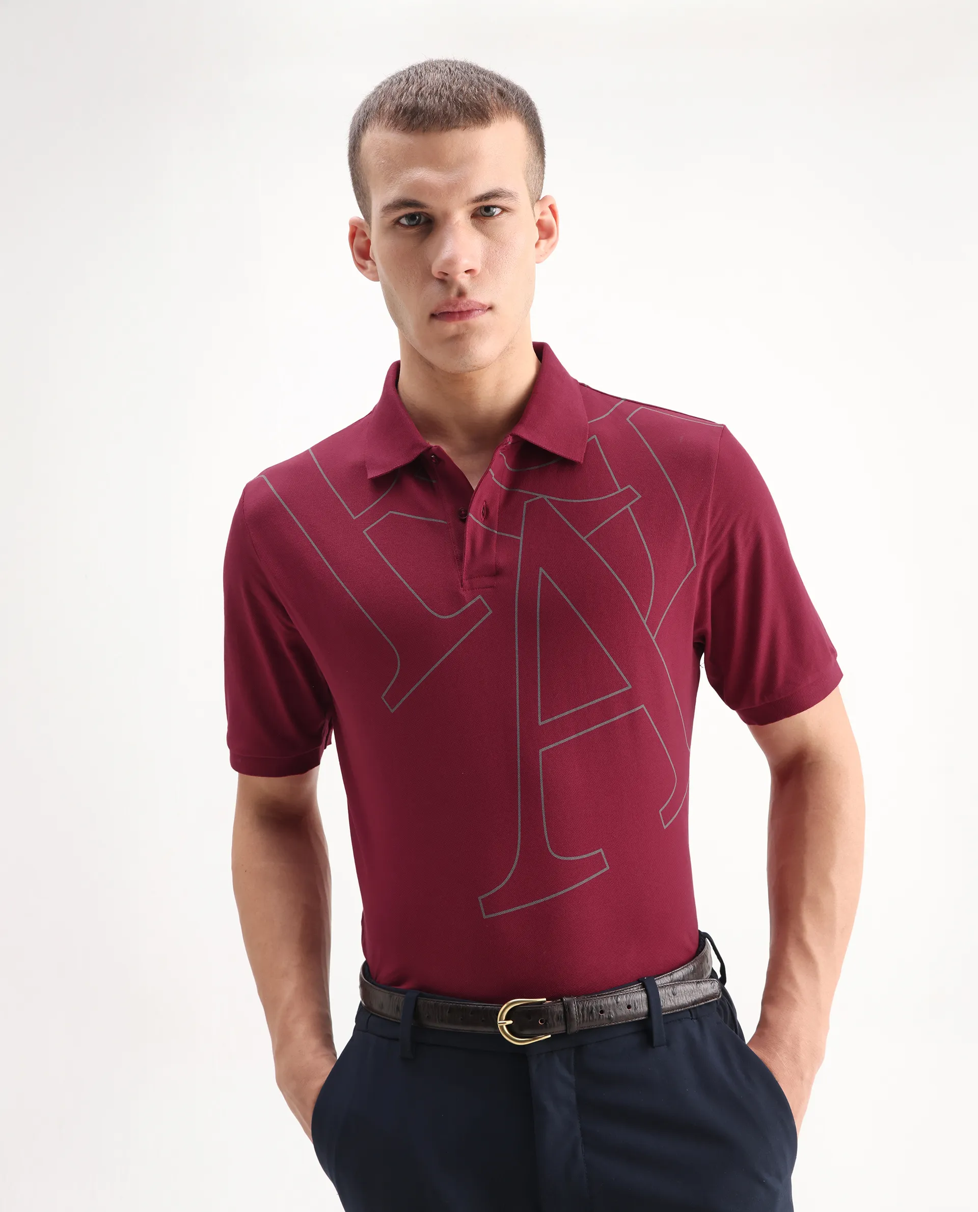 Rare Rabbit Men's Daryl Red Cotton Graphic Print Regular Fit Half Sleeve Polo - Image 3