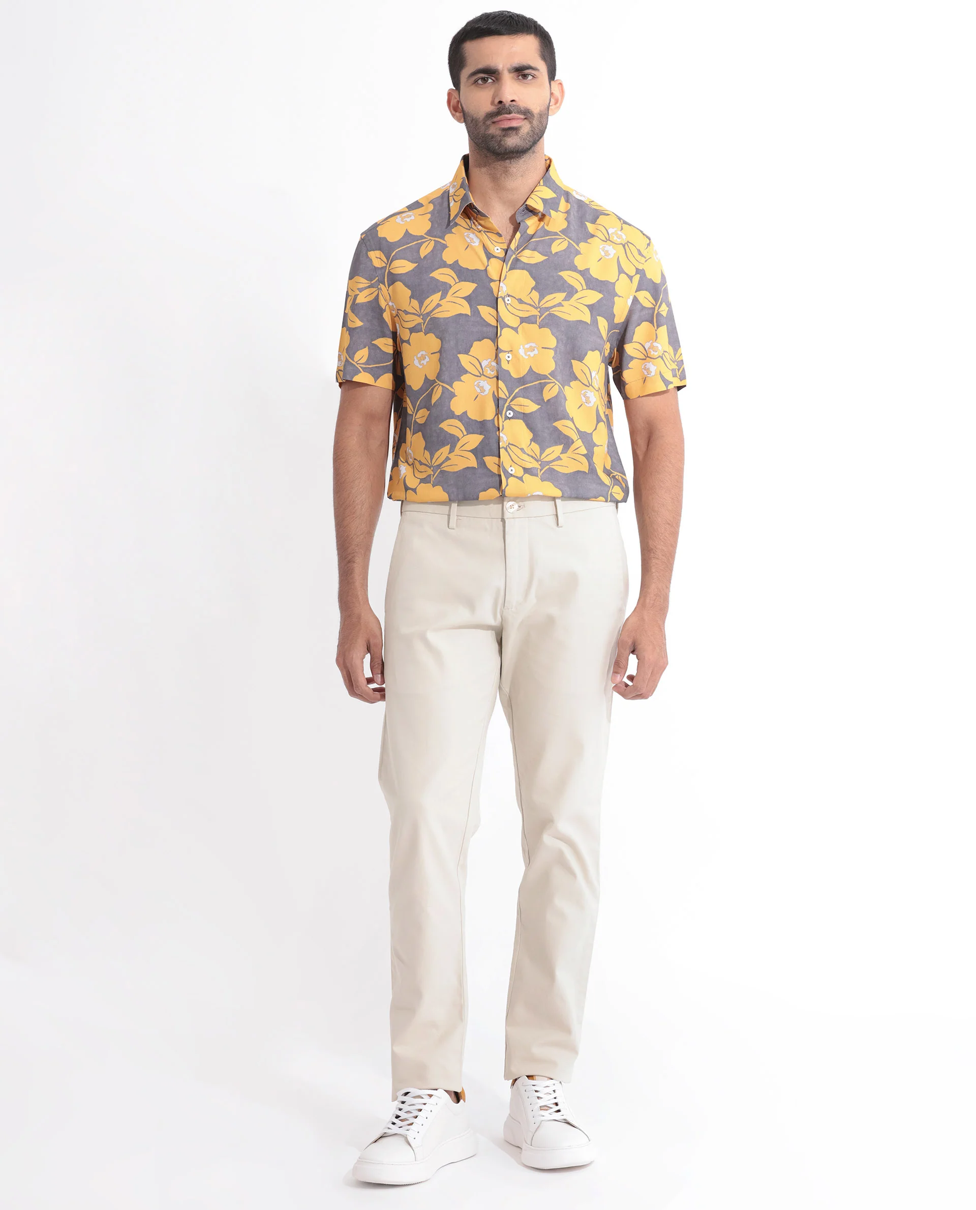 Rare Rabbit Men's Dash Yellow Cotton Floral Print Regular Fit Half Sleeve Collared Shirt - Image 2