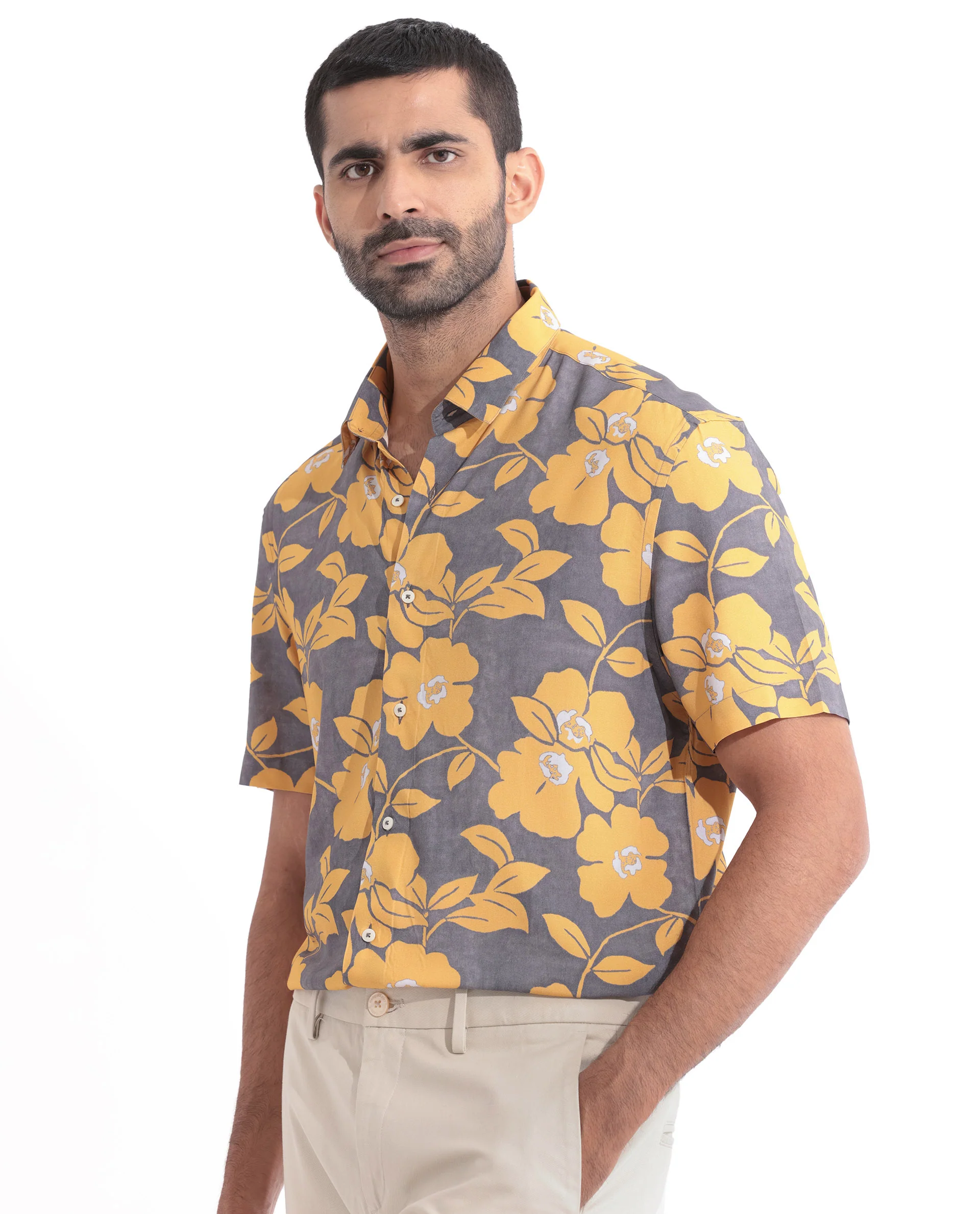 Rare Rabbit Men's Dash Yellow Cotton Floral Print Regular Fit Half Sleeve Collared Shirt - Image 3