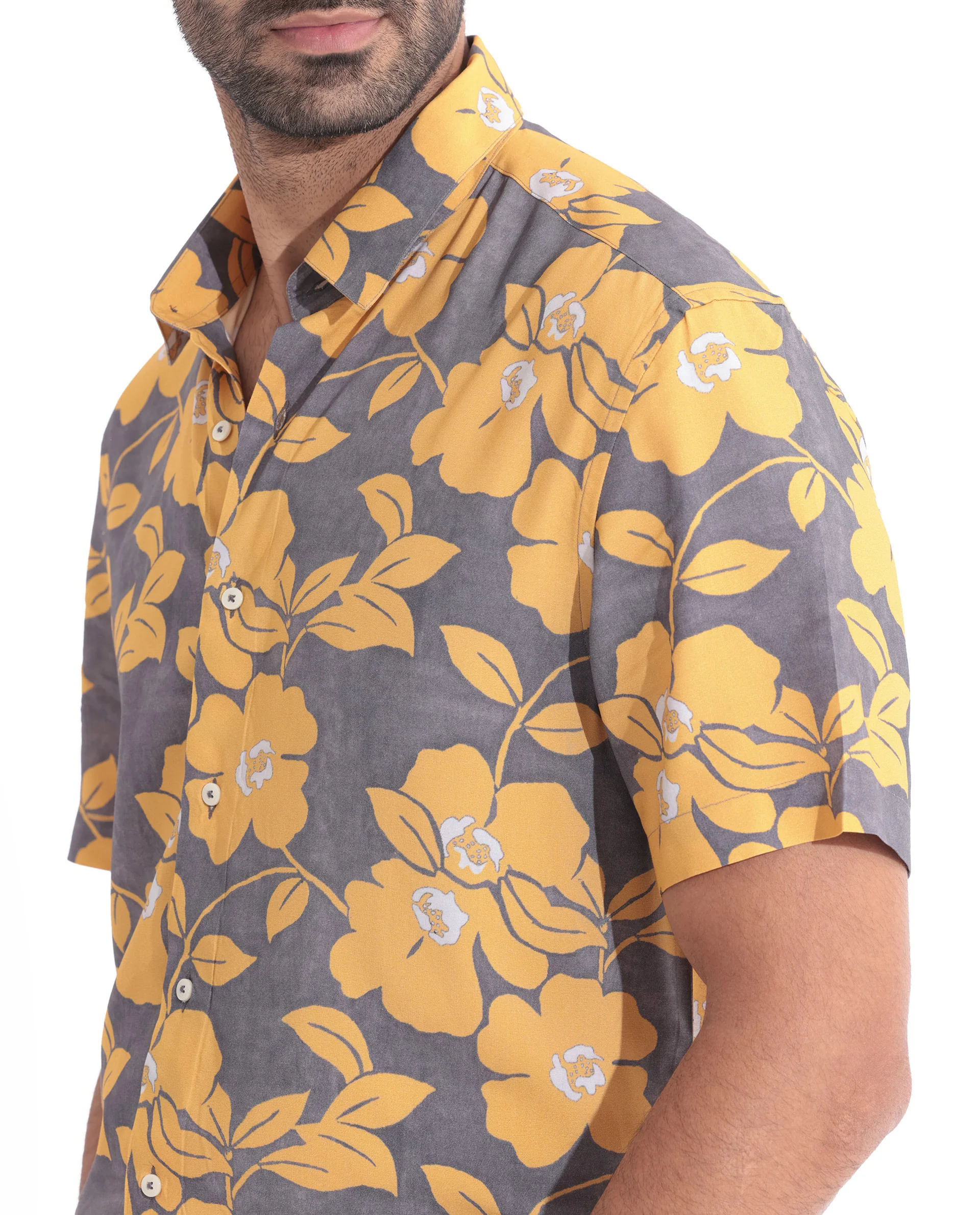 Rare Rabbit Men's Dash Yellow Cotton Floral Print Regular Fit Half Sleeve Collared Shirt - Image 4