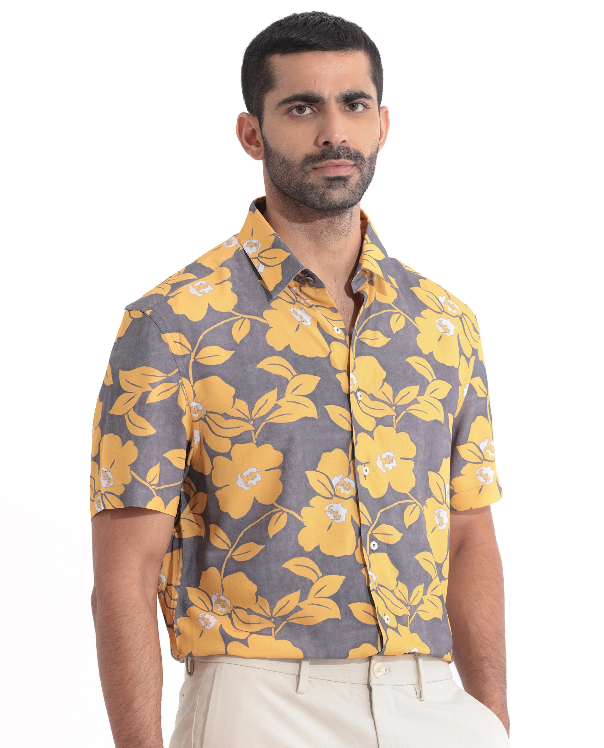 Rare Rabbit Men's Dash Yellow Cotton Floral Print Regular Fit Half Sleeve Collared Shirt - Image 6