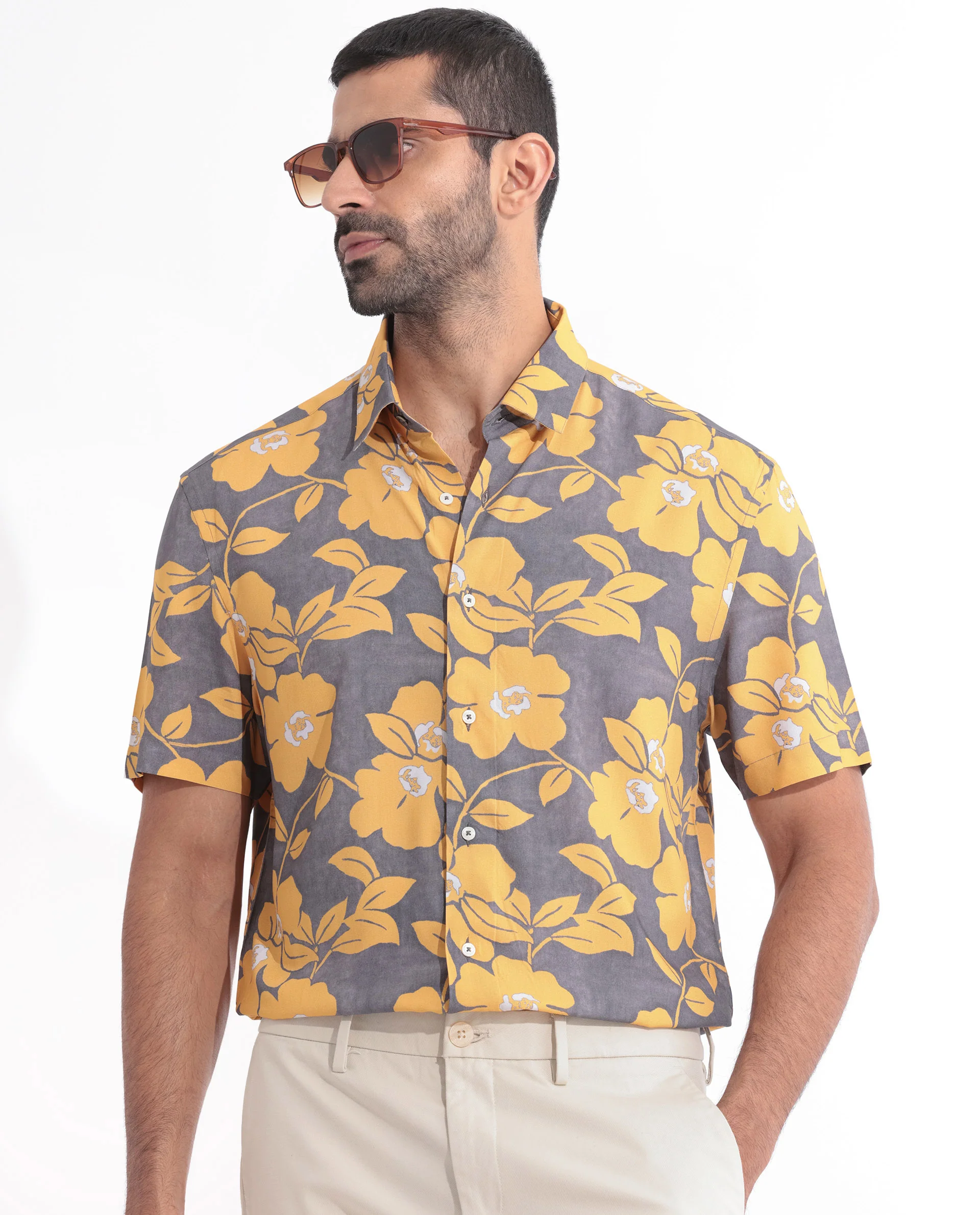 Rare Rabbit Men's Dash Yellow Cotton Floral Print Regular Fit Half Sleeve Collared Shirt - Image 7