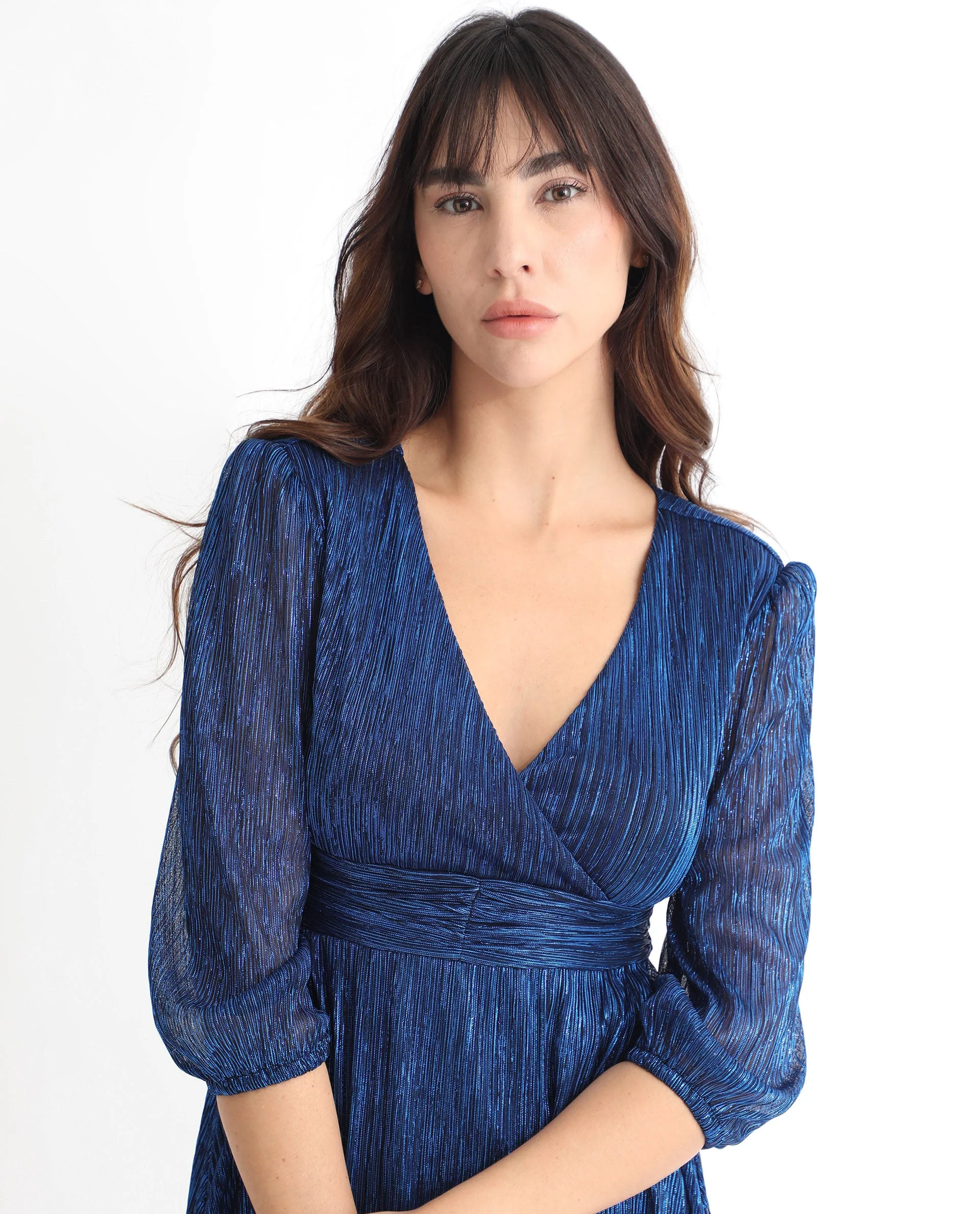 Rareism Women's Daso Metalic Blue Polyester Overlap Neck Shimmer Balloon Sleeve Maxi Fit And Flare Dress - Image 2