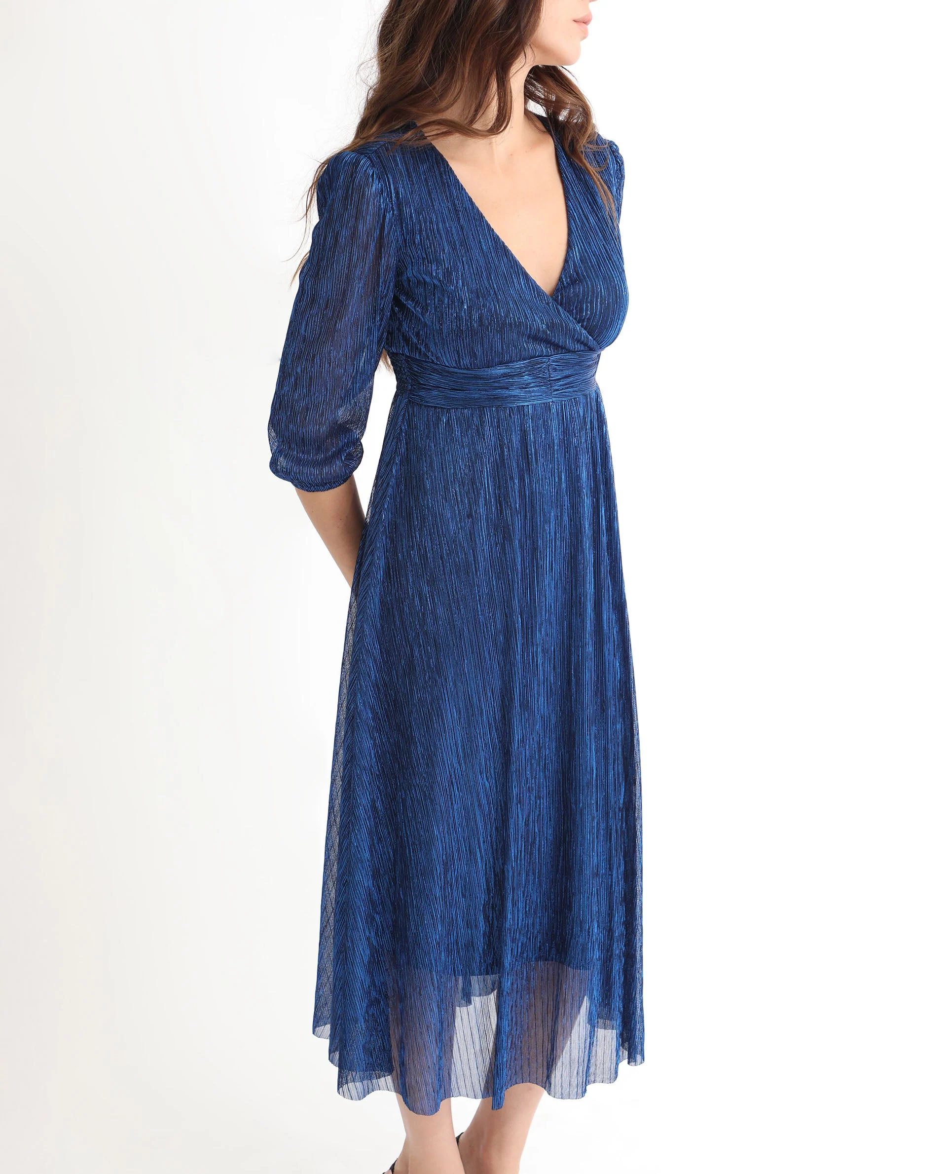 Rareism Women's Daso Metalic Blue Polyester Overlap Neck Shimmer Balloon Sleeve Maxi Fit And Flare Dress - Image 3