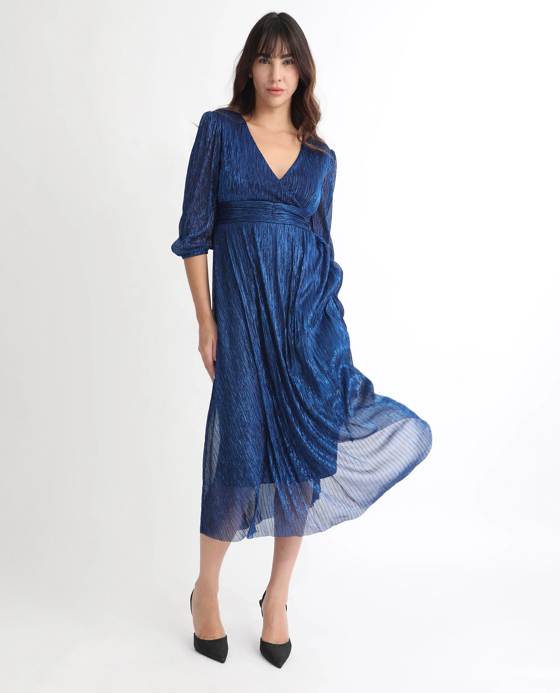 Rareism Women's Daso Metalic Blue Polyester Overlap Neck Shimmer Balloon Sleeve Maxi Fit And Flare Dress - Image 4