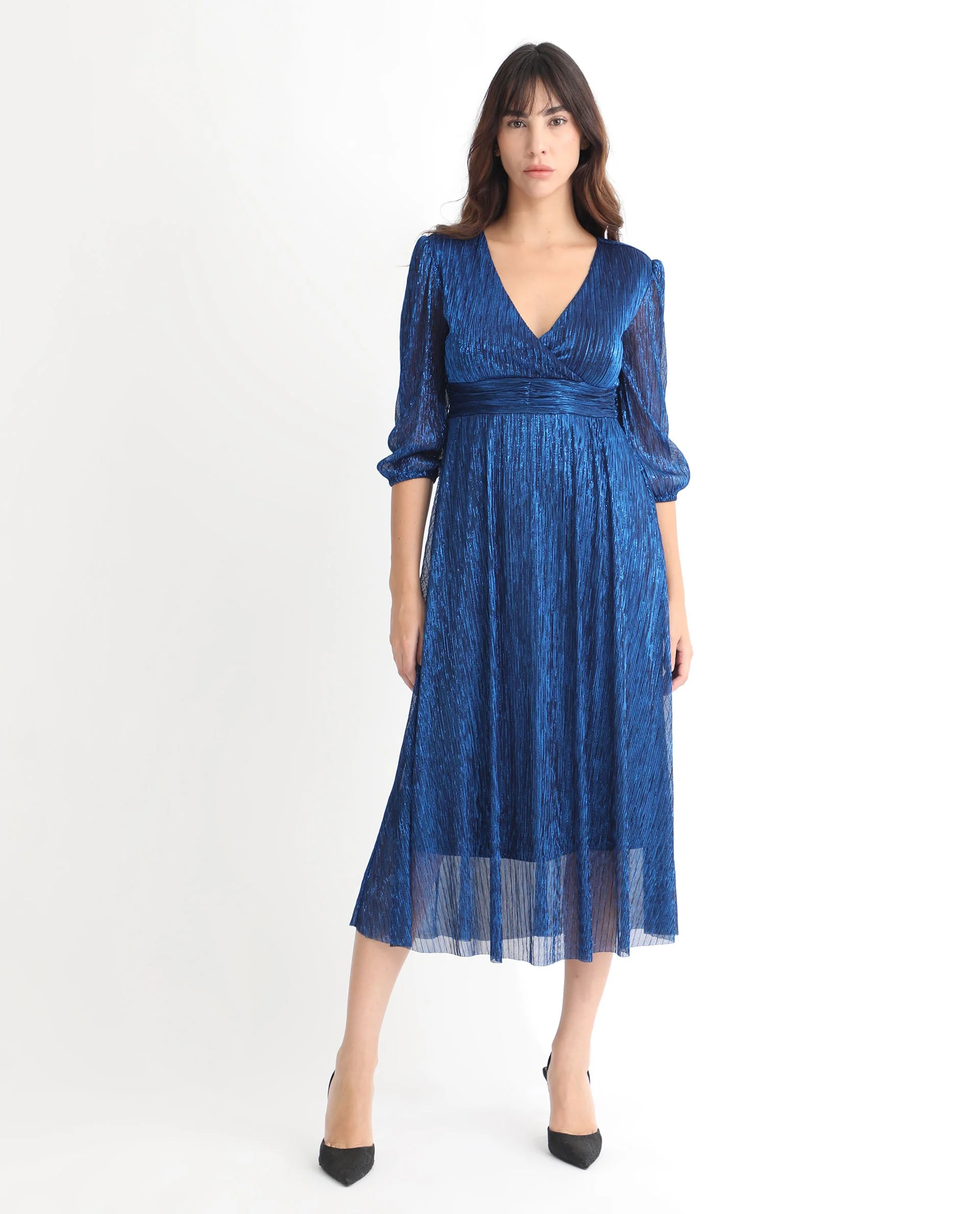 Rareism Women's Daso Metalic Blue Polyester Overlap Neck Shimmer Balloon Sleeve Maxi Fit And Flare Dress - Image 5