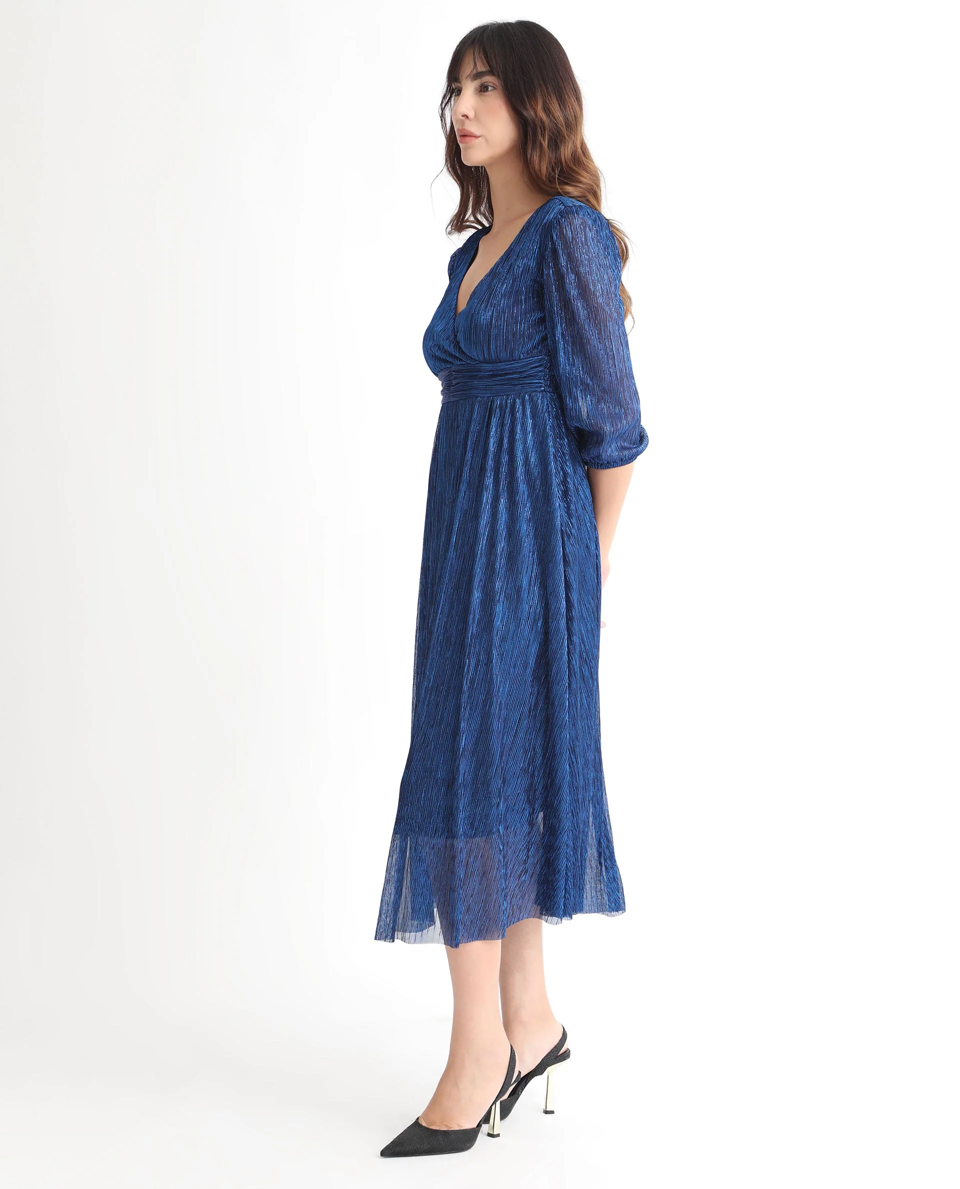 Rareism Women's Daso Metalic Blue Polyester Overlap Neck Shimmer Balloon Sleeve Maxi Fit And Flare Dress - Image 6
