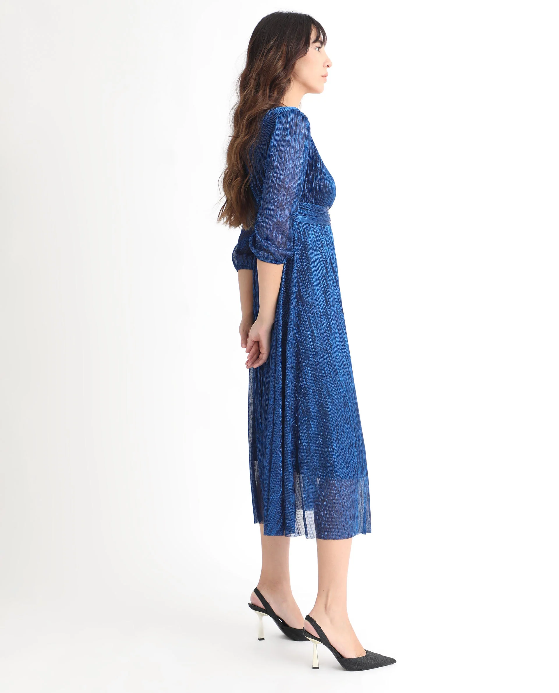 Rareism Women's Daso Metalic Blue Polyester Overlap Neck Shimmer Balloon Sleeve Maxi Fit And Flare Dress - Image 7