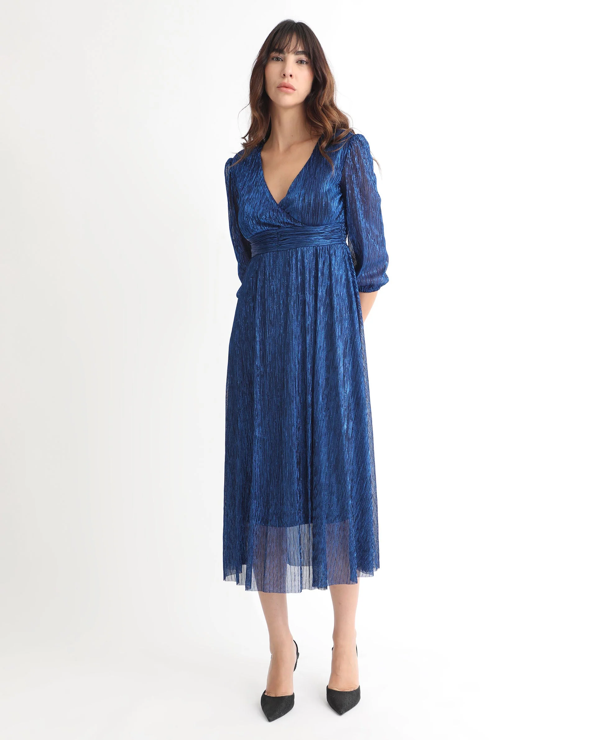 Rareism Women's Daso Metalic Blue Polyester Overlap Neck Shimmer Balloon Sleeve Maxi Fit And Flare Dress - Image 8