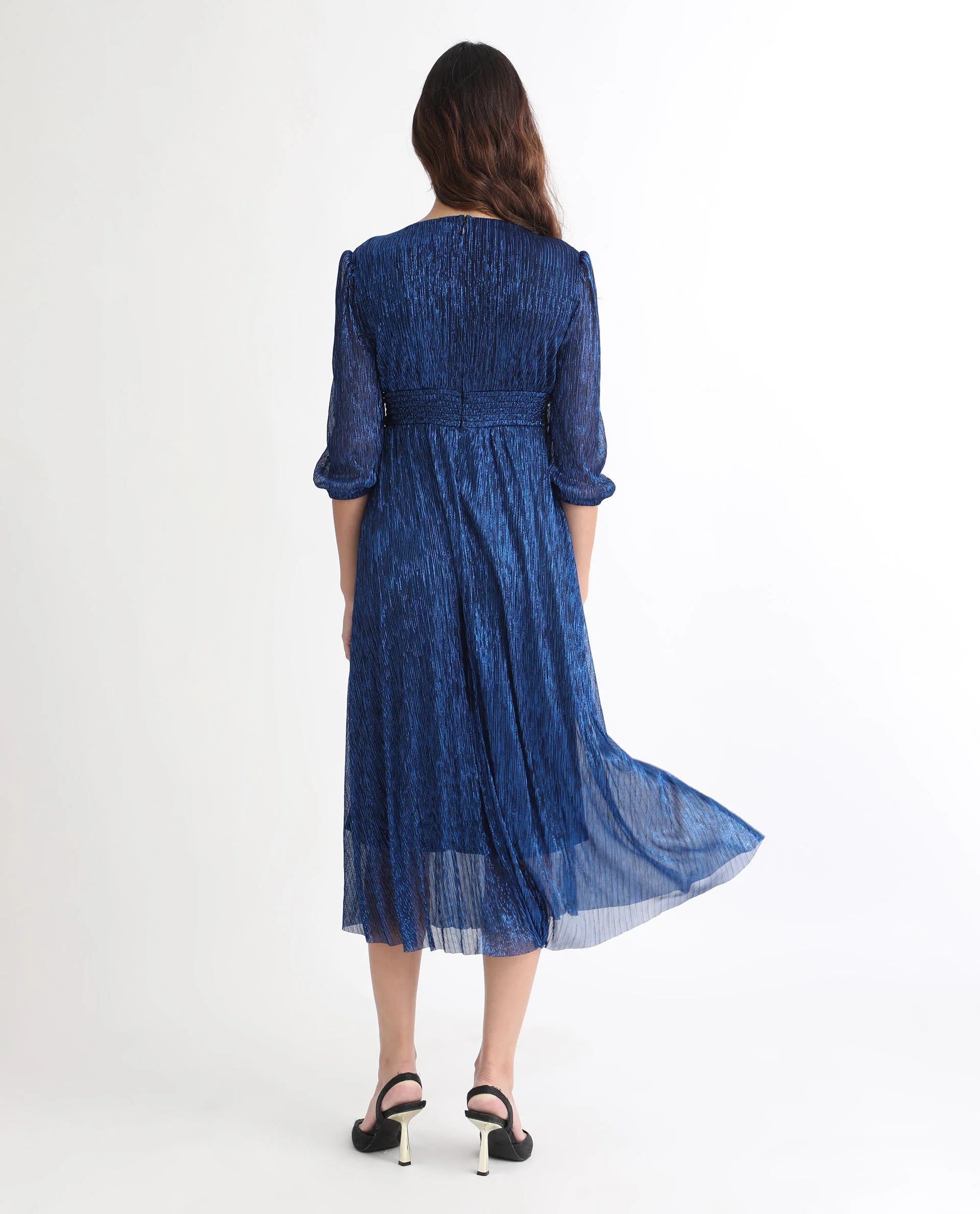 Rareism Women's Daso Metalic Blue Polyester Overlap Neck Shimmer Balloon Sleeve Maxi Fit And Flare Dress - Image 9