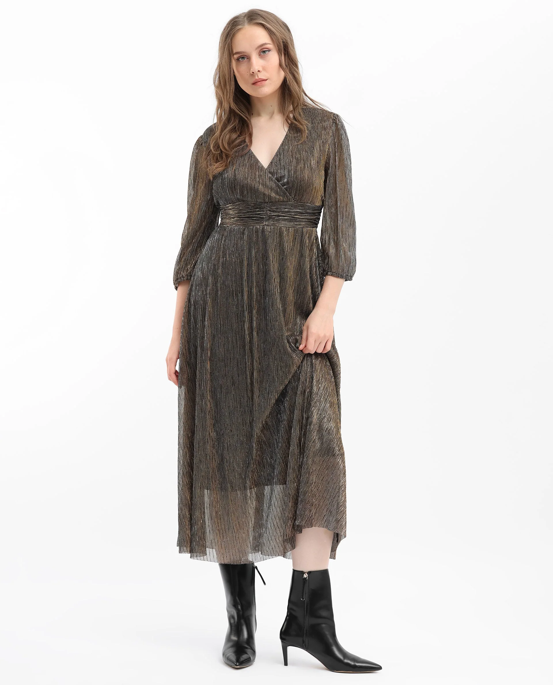 Rareism Women's Daso Metalic Gold Polyester Overlap Neck Shimmer Balloon Sleeve Midi Fit And Flare Dress