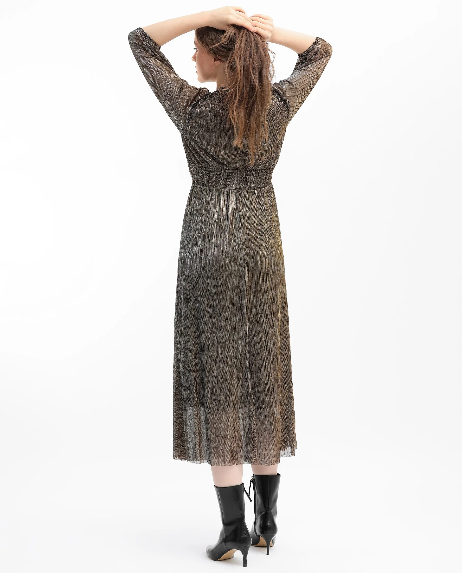Rareism Women's Daso Metalic Gold Polyester Overlap Neck Shimmer Balloon Sleeve Midi Fit And Flare Dress - Image 11