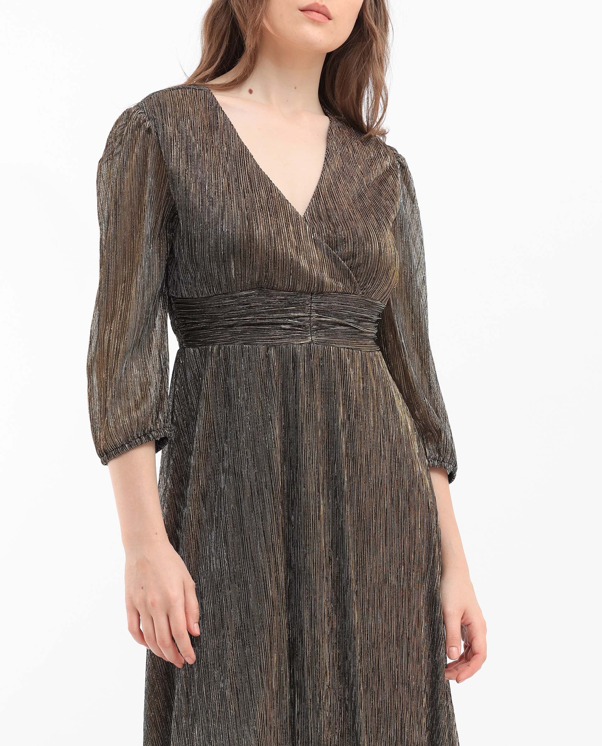 Rareism Women's Daso Metalic Gold Polyester Overlap Neck Shimmer Balloon Sleeve Midi Fit And Flare Dress - Image 2