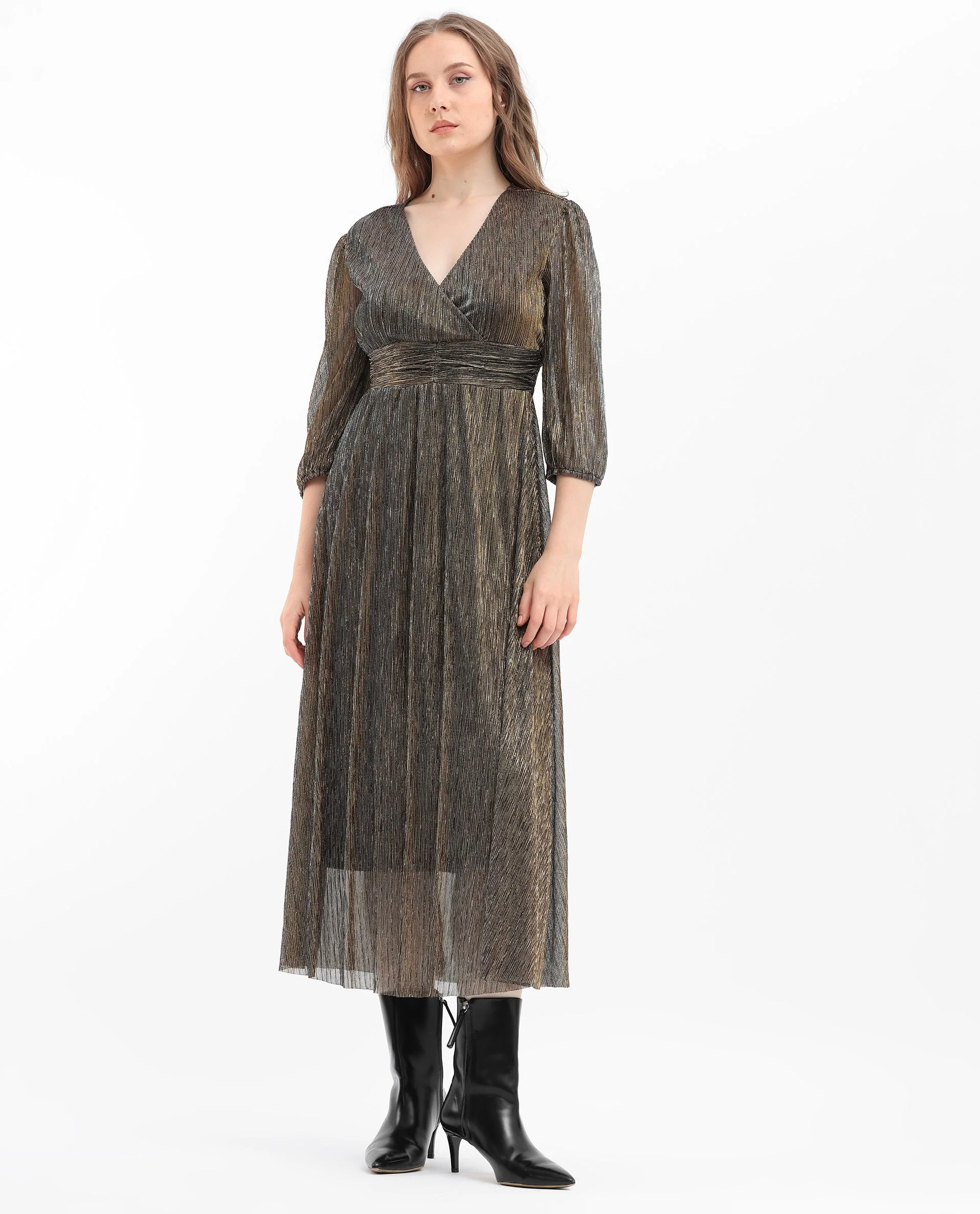 Rareism Women's Daso Metalic Gold Polyester Overlap Neck Shimmer Balloon Sleeve Midi Fit And Flare Dress - Image 3