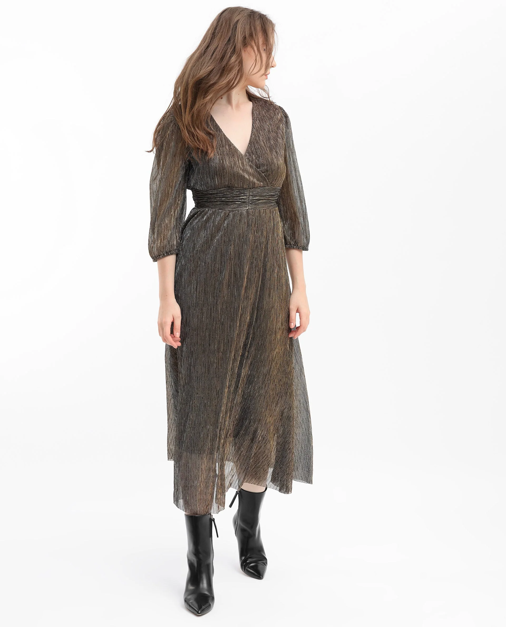 Rareism Women's Daso Metalic Gold Polyester Overlap Neck Shimmer Balloon Sleeve Midi Fit And Flare Dress - Image 4