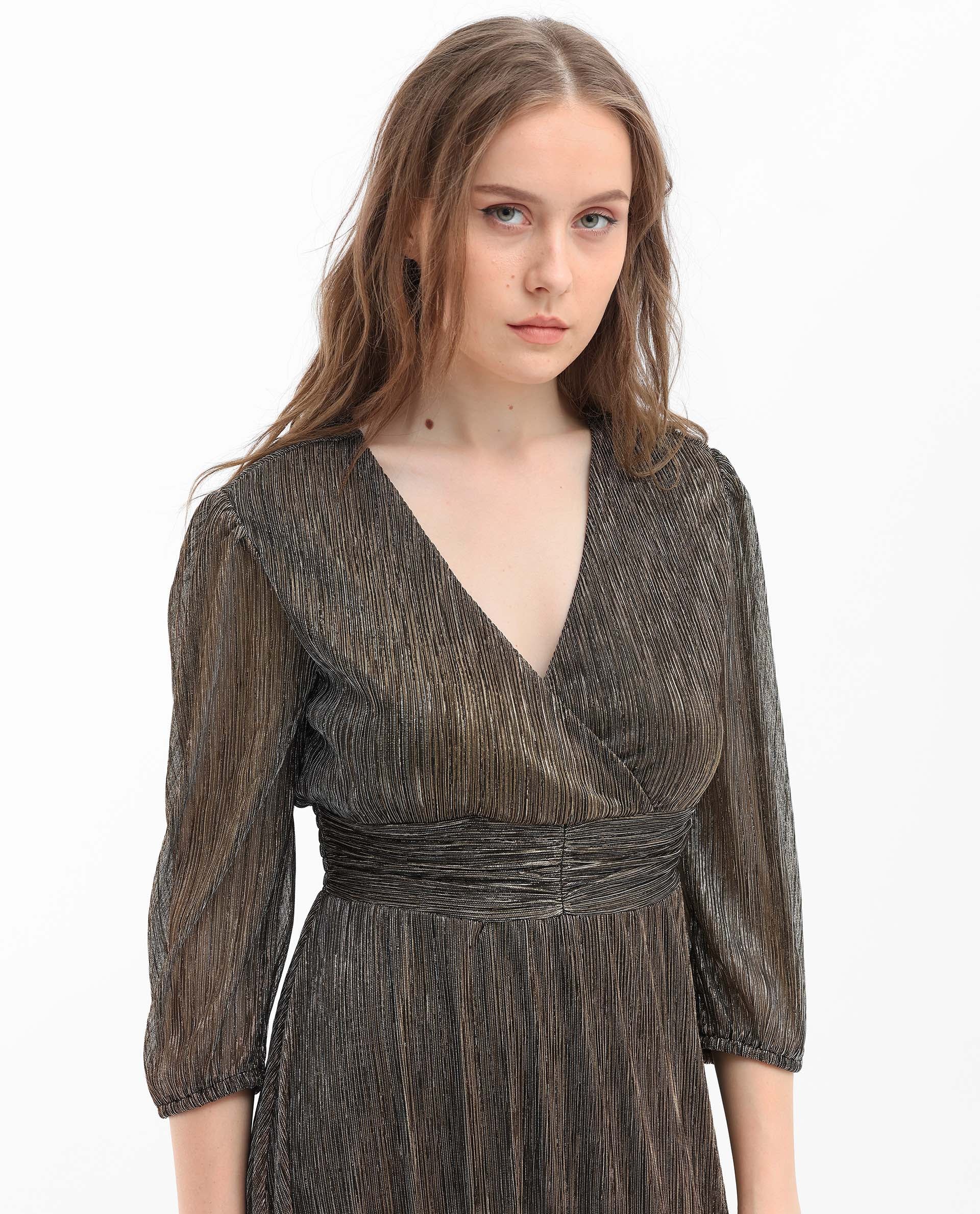 Rareism Women's Daso Metalic Gold Polyester Overlap Neck Shimmer Balloon Sleeve Midi Fit And Flare Dress - Image 5