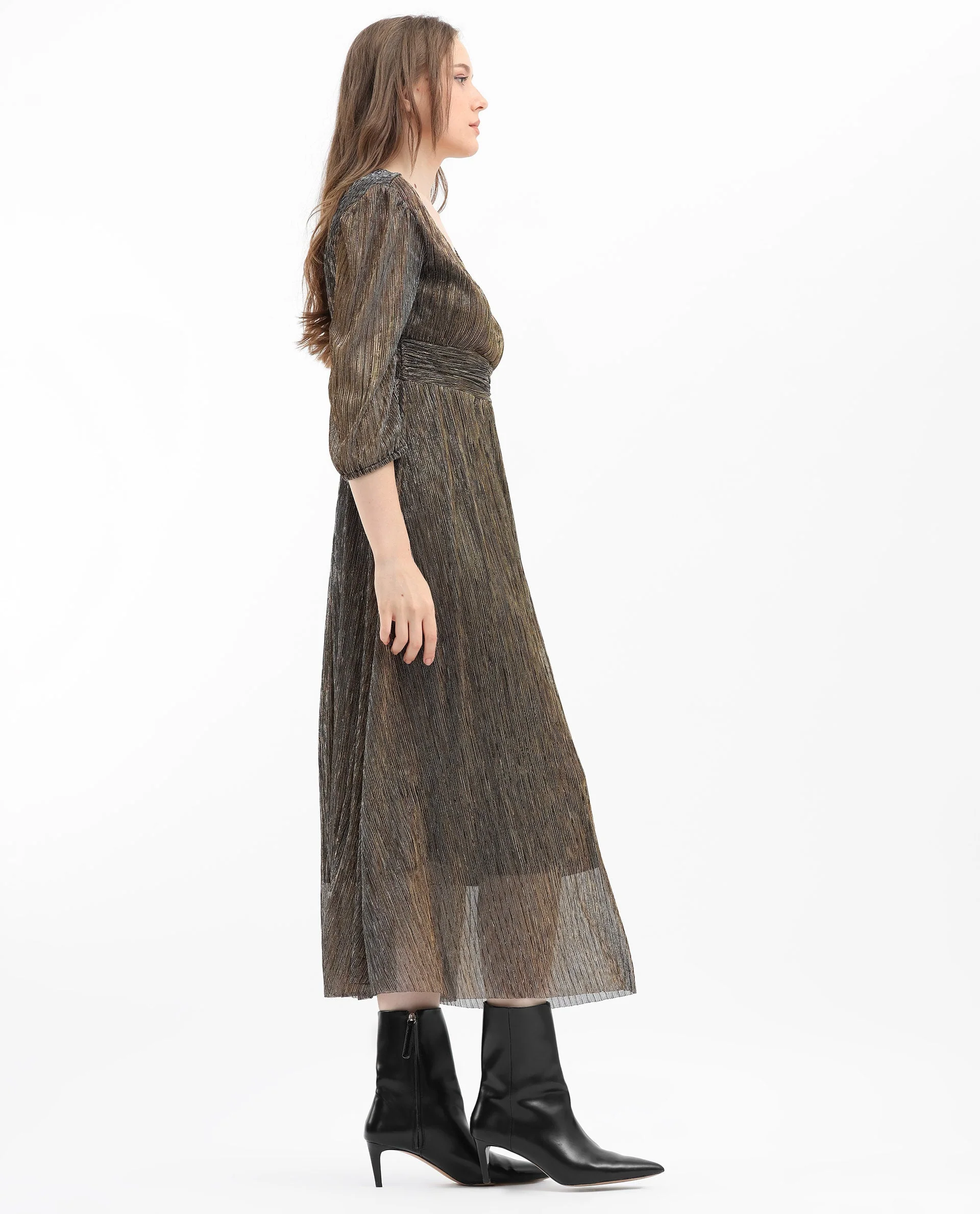 Rareism Women's Daso Metalic Gold Polyester Overlap Neck Shimmer Balloon Sleeve Midi Fit And Flare Dress - Image 9