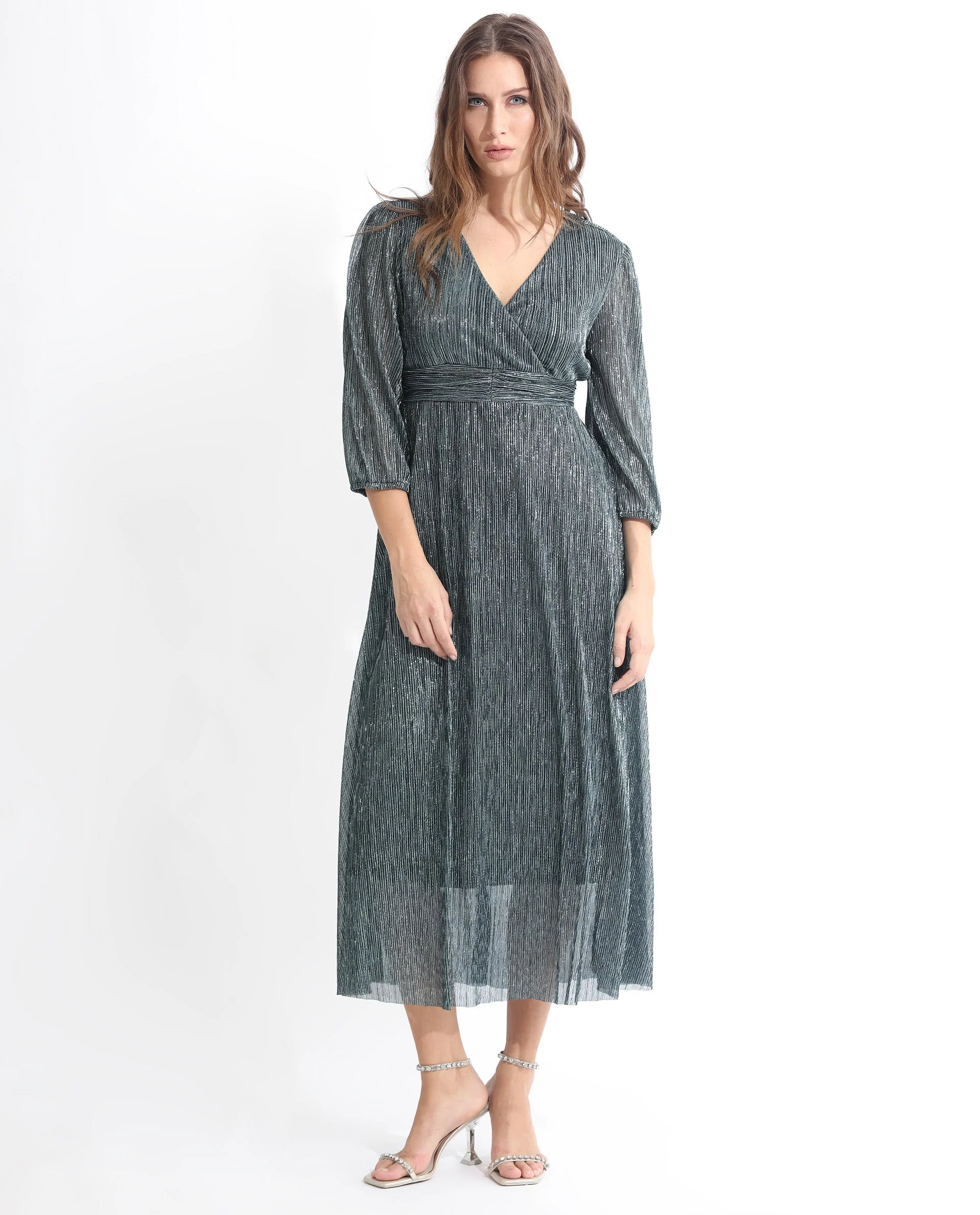 Rareism Women's Daso Metalic Silver Polyester Overlap Neck Shimmer Balloon Sleeve Maxi Fit And Flare Dress - Image 10
