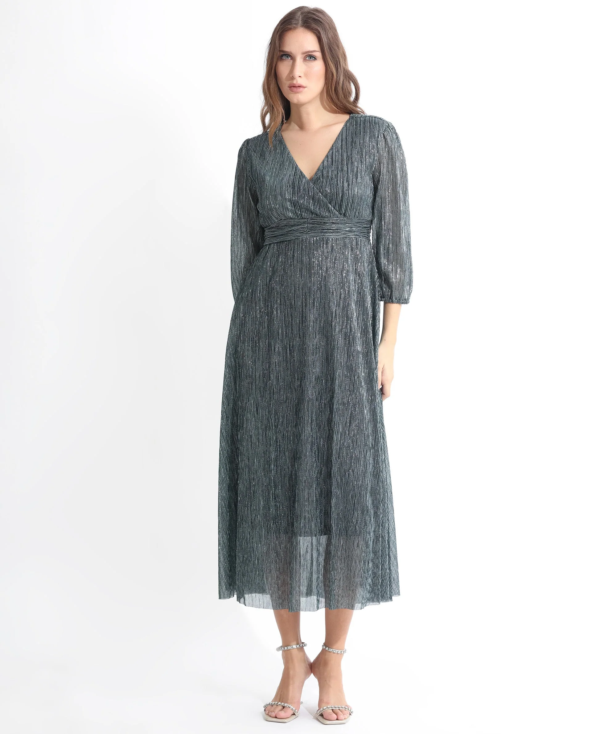 Rareism Women's Daso Metalic Silver Polyester Overlap Neck Shimmer Balloon Sleeve Maxi Fit And Flare Dress - Image 11