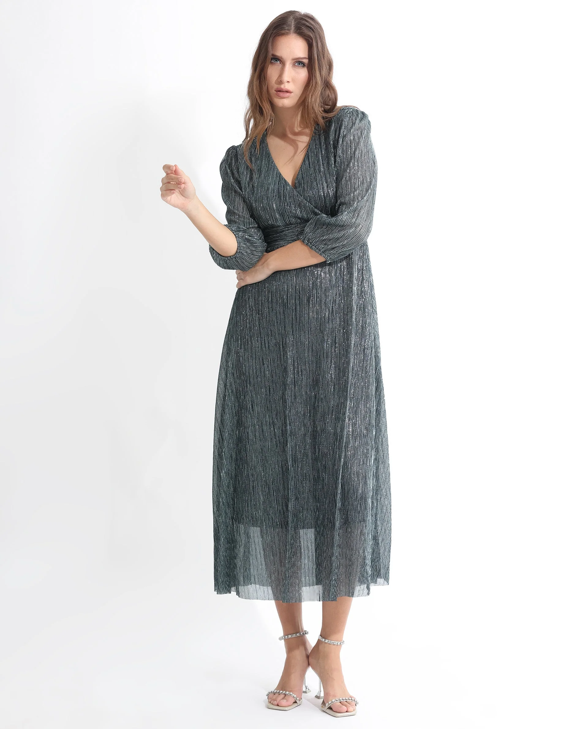 Rareism Women's Daso Metalic Silver Polyester Overlap Neck Shimmer Balloon Sleeve Maxi Fit And Flare Dress - Image 12